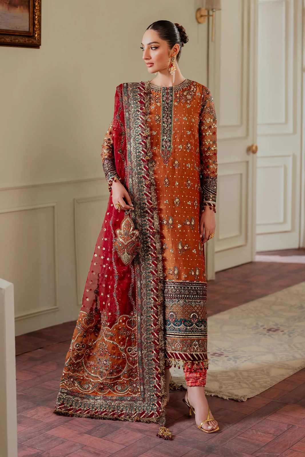 Burnt Ochre - Embroidered Chiffon Suit | Ready To Wear