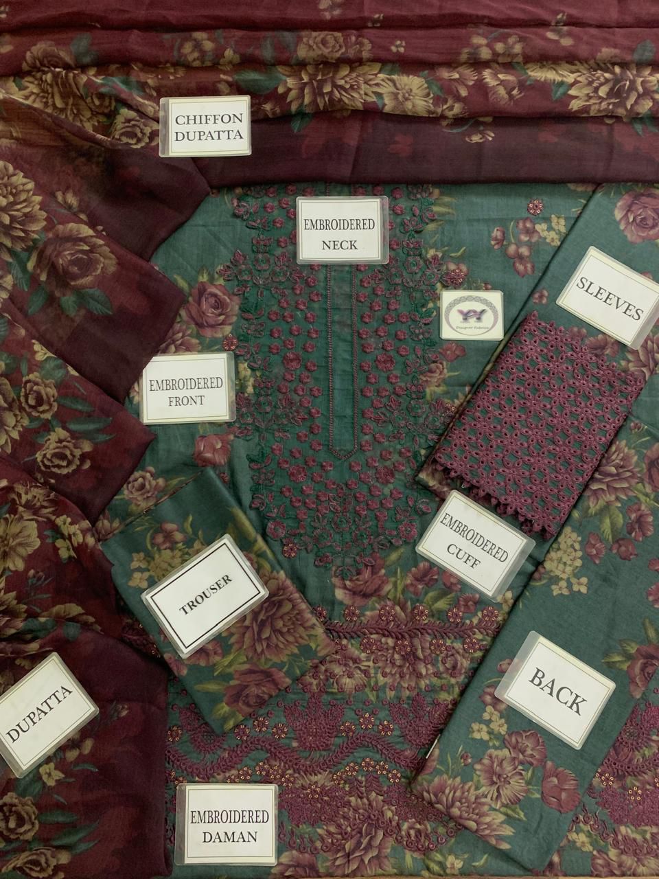 Design IPK-08 Sage Green and Plum Embroidered Lawn Suit | RTW