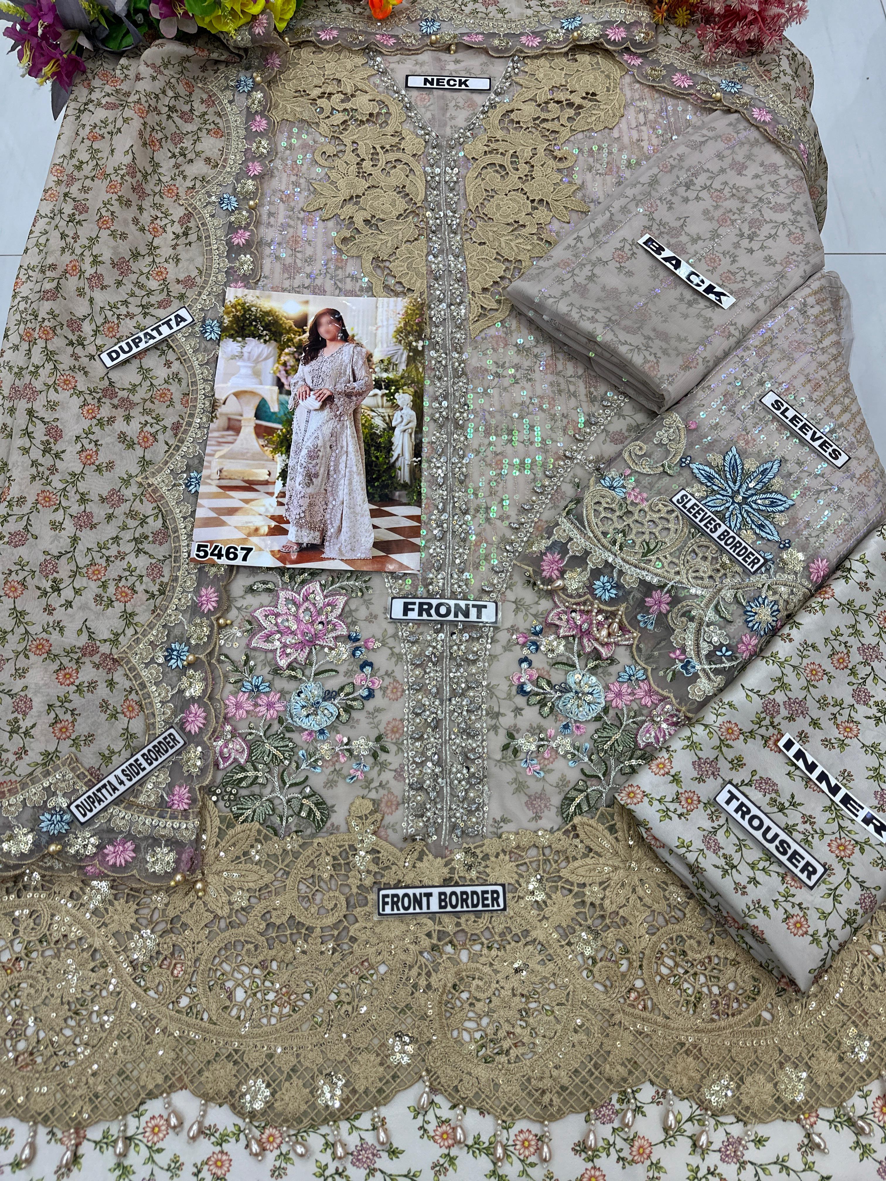 Luxury Pastel Ivory Embroidered Chiffon Suit with 3D Florals | RTW