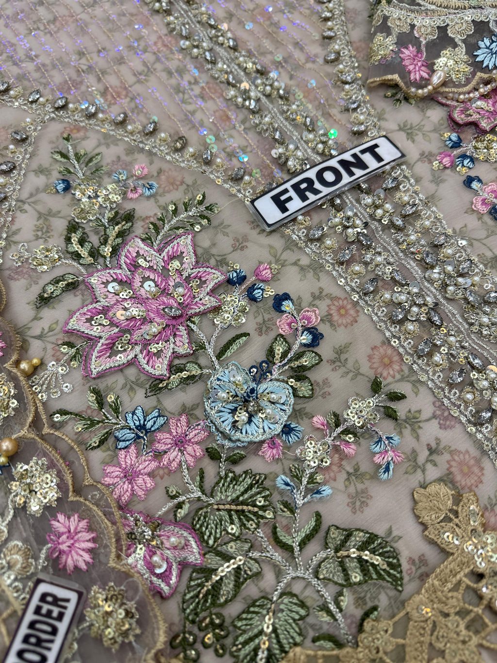 Luxury Pastel Ivory Embroidered Chiffon Suit with 3D Florals | RTW