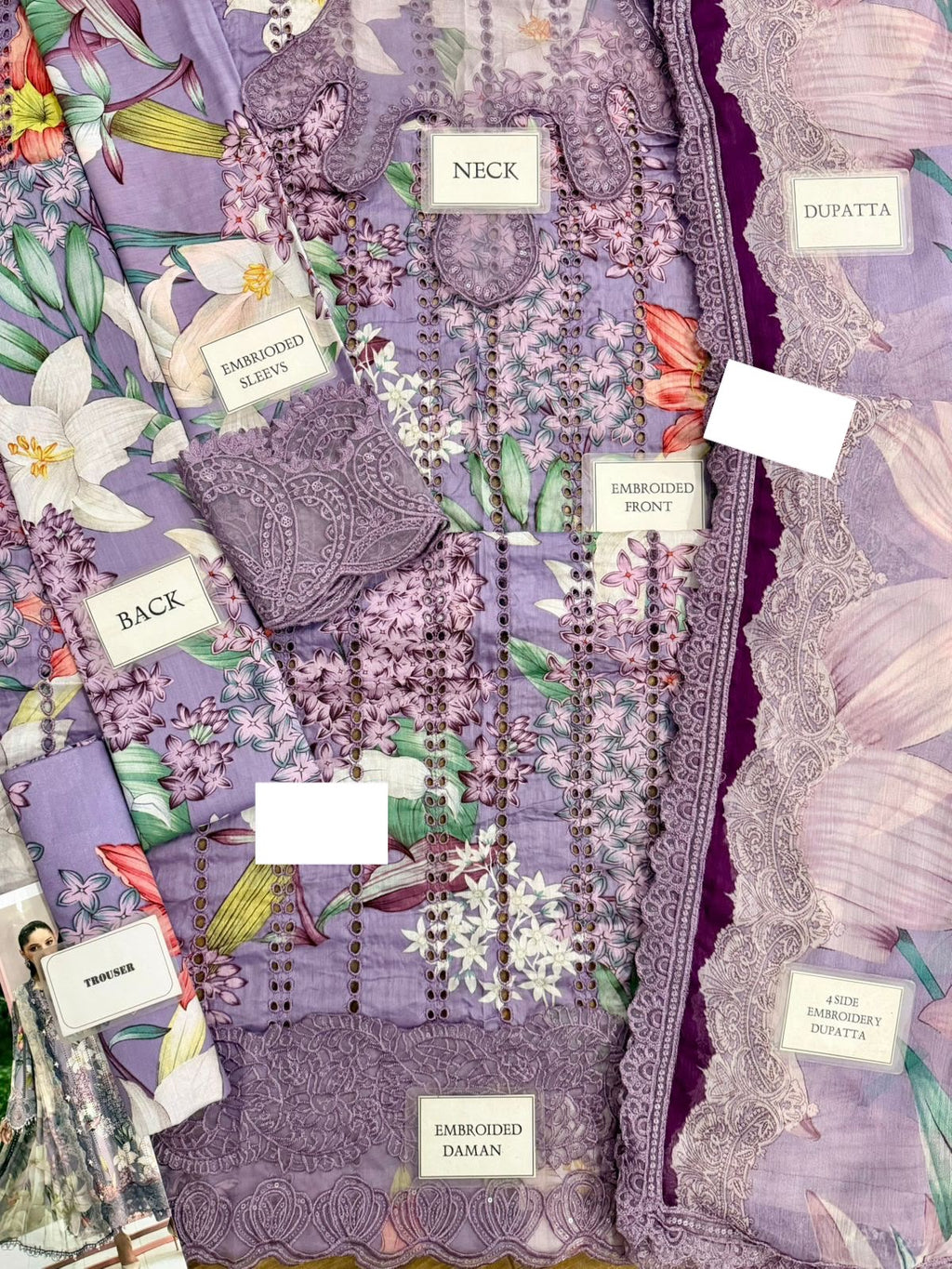 Printed Lawn 2026 | Heavy Schiffli Embroidered Purple Floral 3-Piece Stitched Suit | Spangle Neckline & Chiffon Dupatta