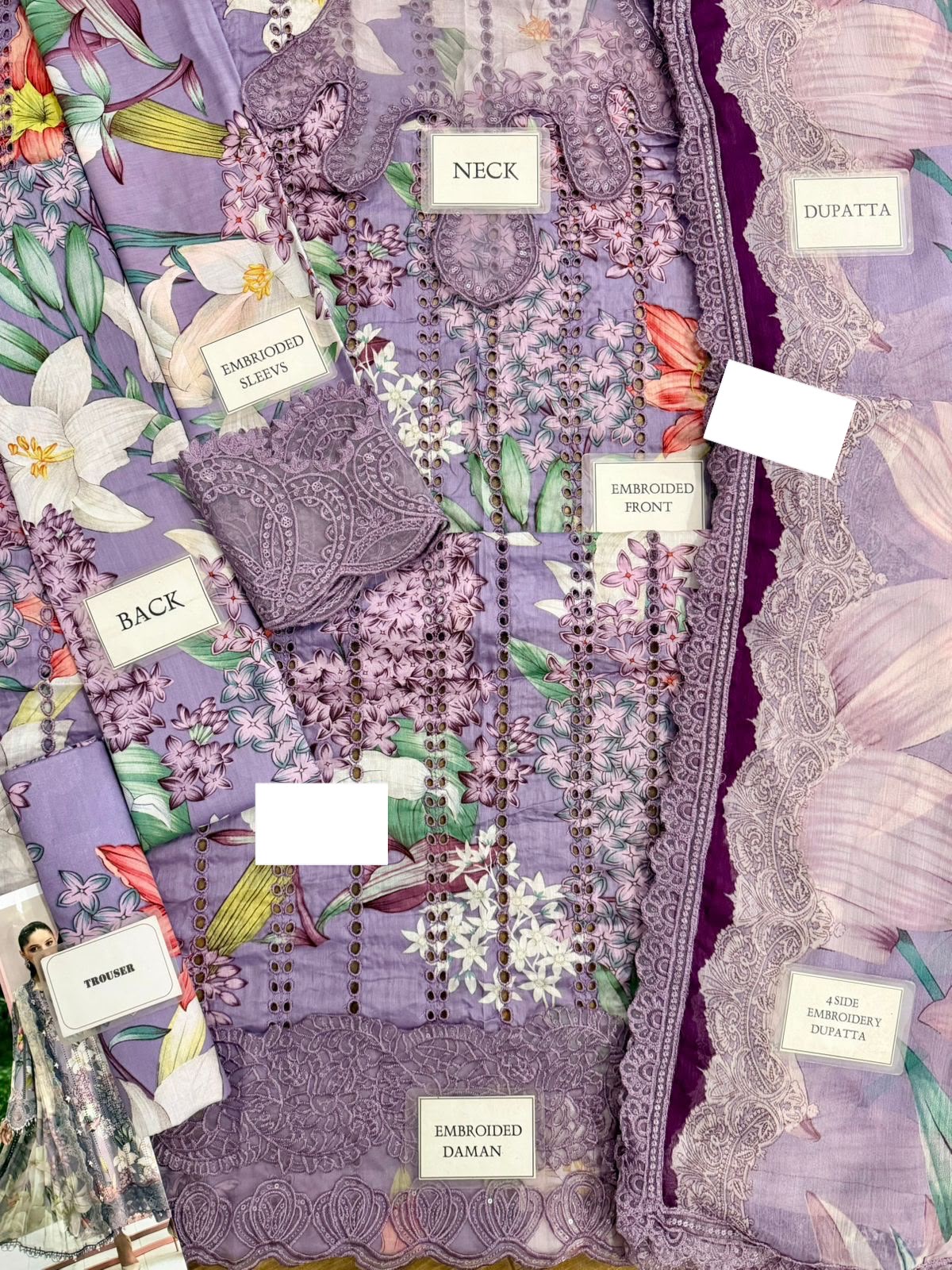 Printed Lawn 2026 | Heavy Schiffli Embroidered Purple Floral 3-Piece Stitched Suit | Spangle Neckline & Chiffon Dupatta