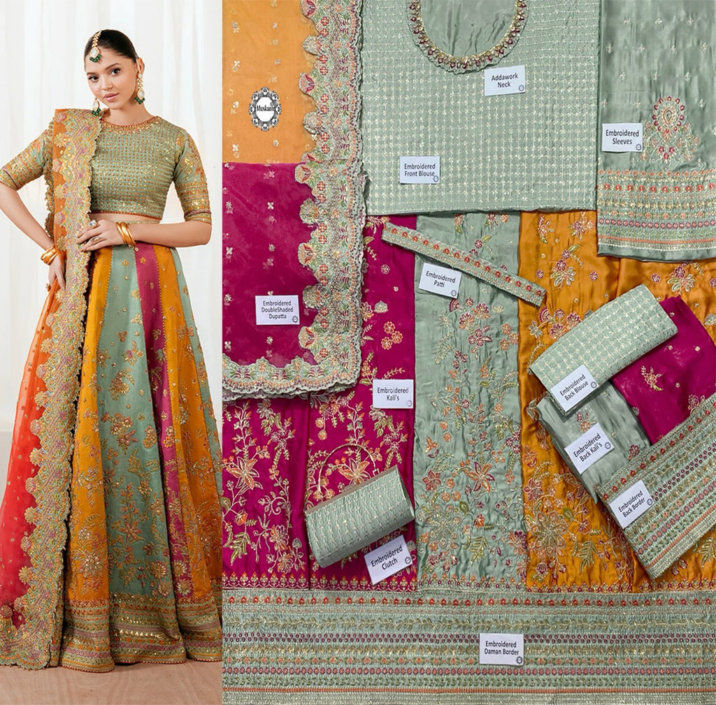 Luxury Silk Bridal Lehenga 2026 | Heavy Embroidered Multicolor Mehndi 3-Piece Set | Organza Dupatta & Clutch