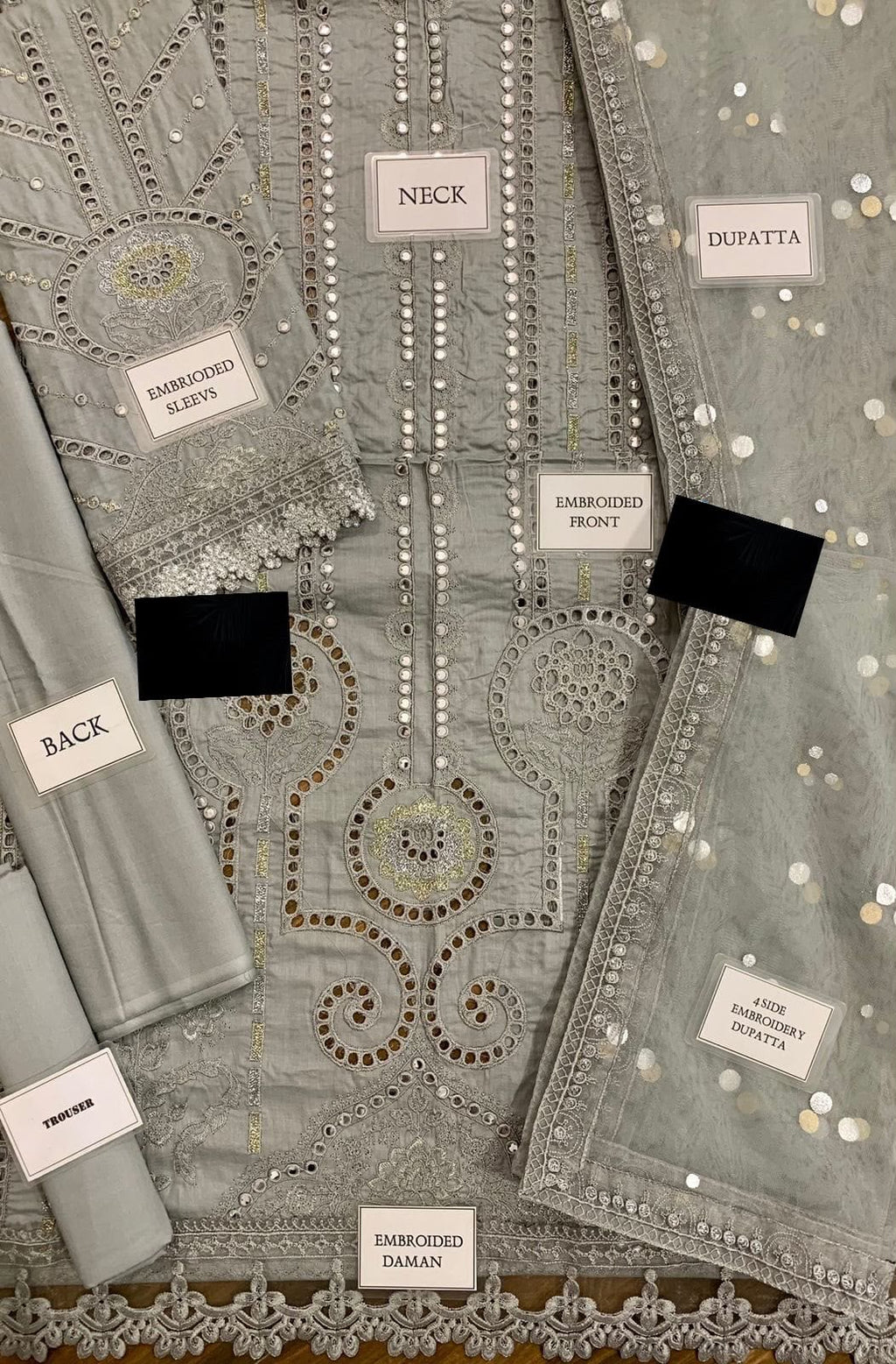Heavy Embroidered Grey Lawn 3-Piece Suit | Mirror &amp; Foil Work with Net Dupatta