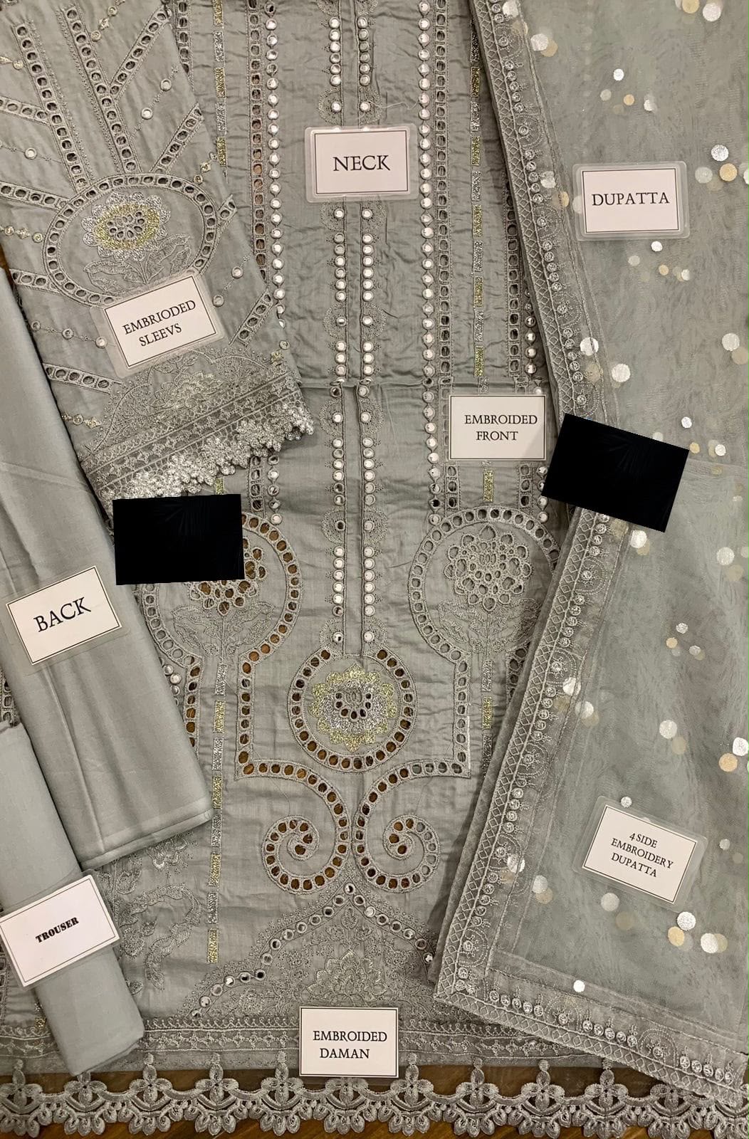 Heavy Embroidered Grey Lawn 3-Piece Suit | Mirror &amp; Foil Work with Net Dupatta