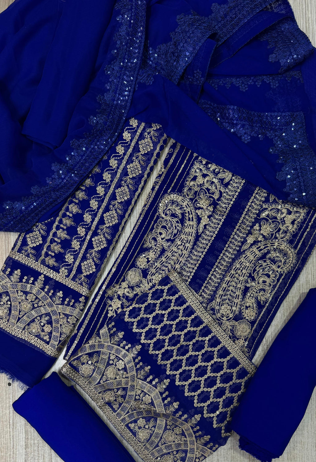 Semi Pure Chiffon Royal Blue Sequence Embroidered 3-Piece Suit | Dyed Malai Trouser &amp; Inner