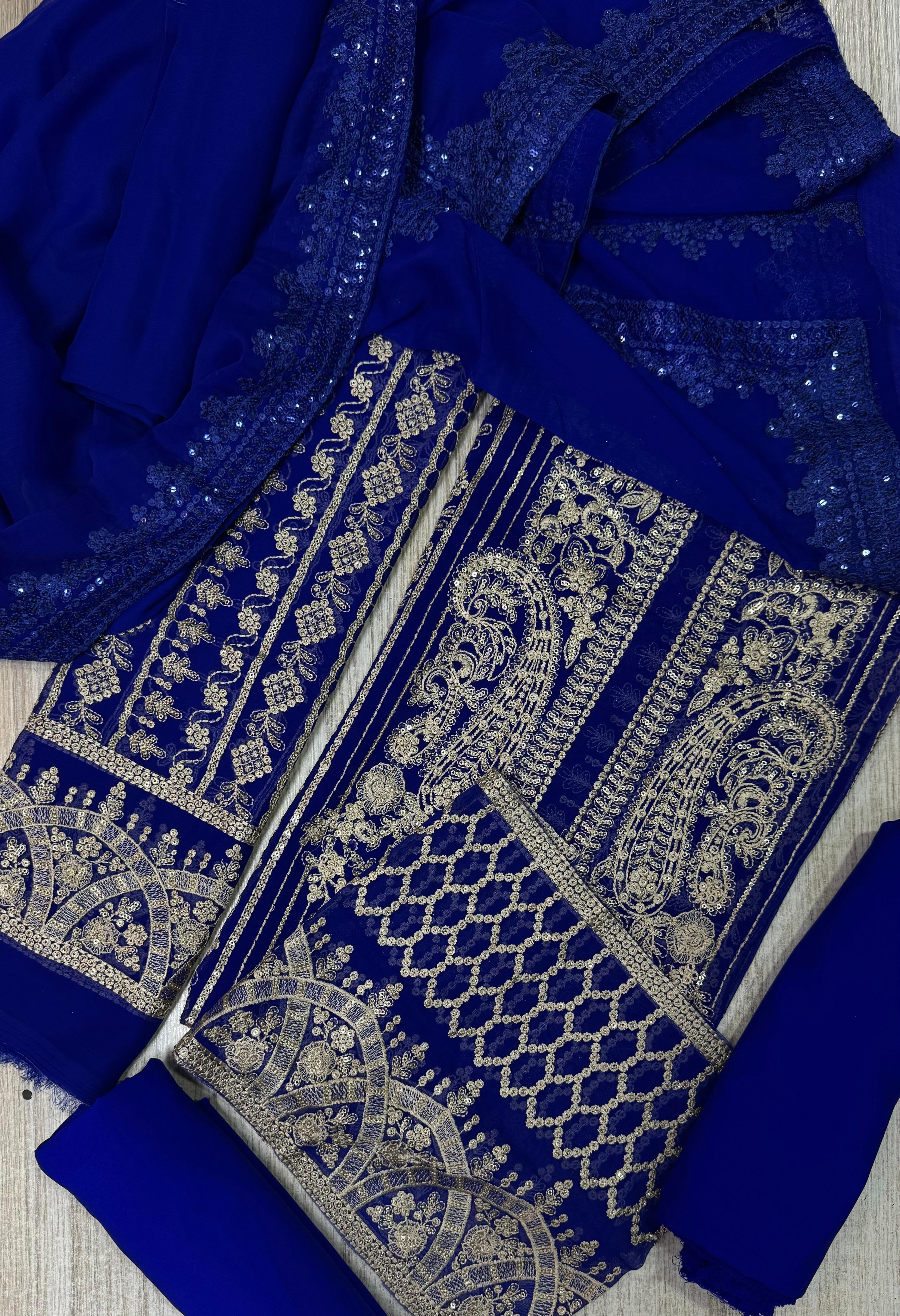 Semi Pure Chiffon Royal Blue Sequence Embroidered 3-Piece Suit | Dyed Malai Trouser &amp; Inner