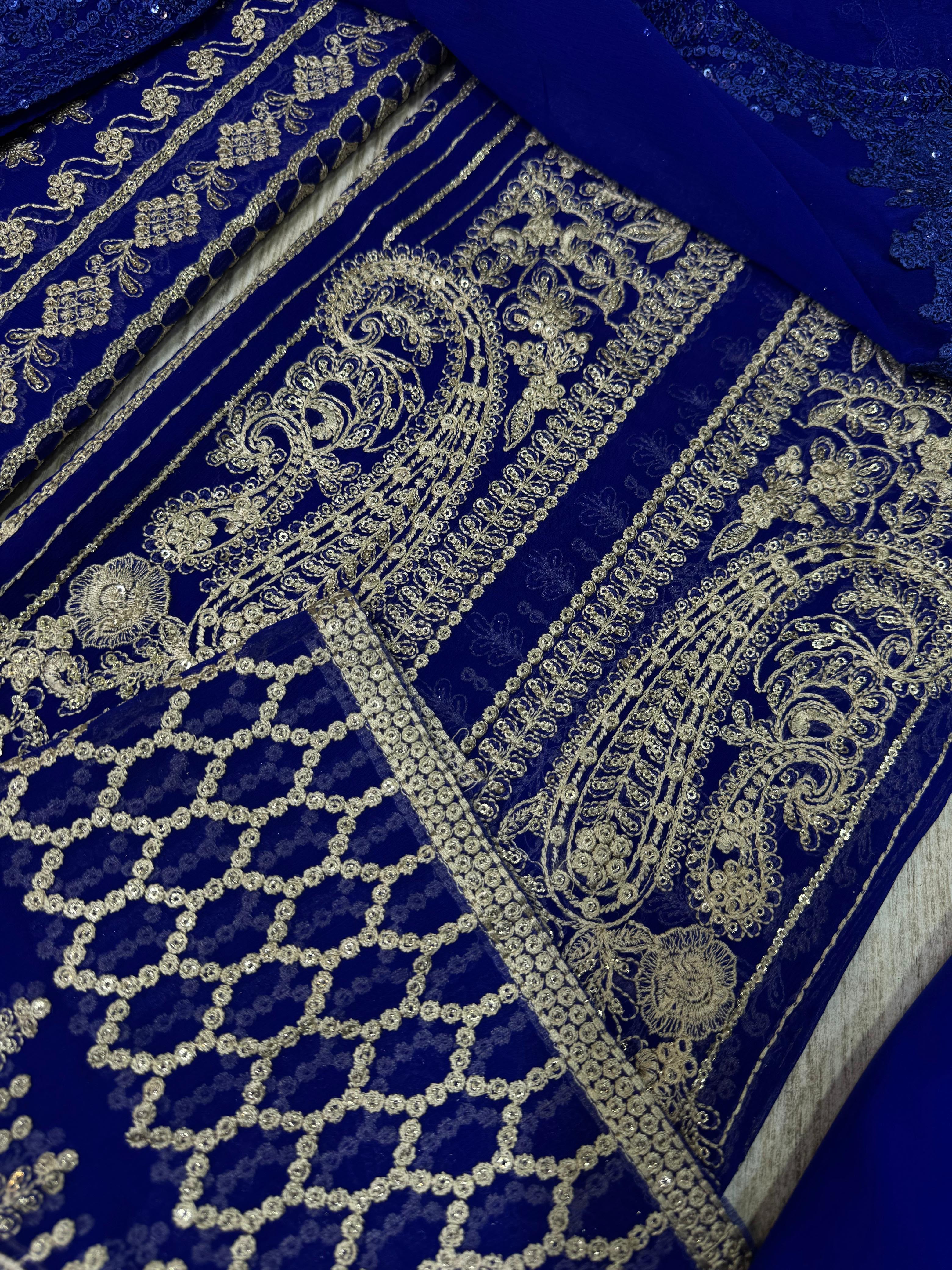 Semi Pure Chiffon Royal Blue Sequence Embroidered 3-Piece Suit | Dyed Malai Trouser &amp; Inner