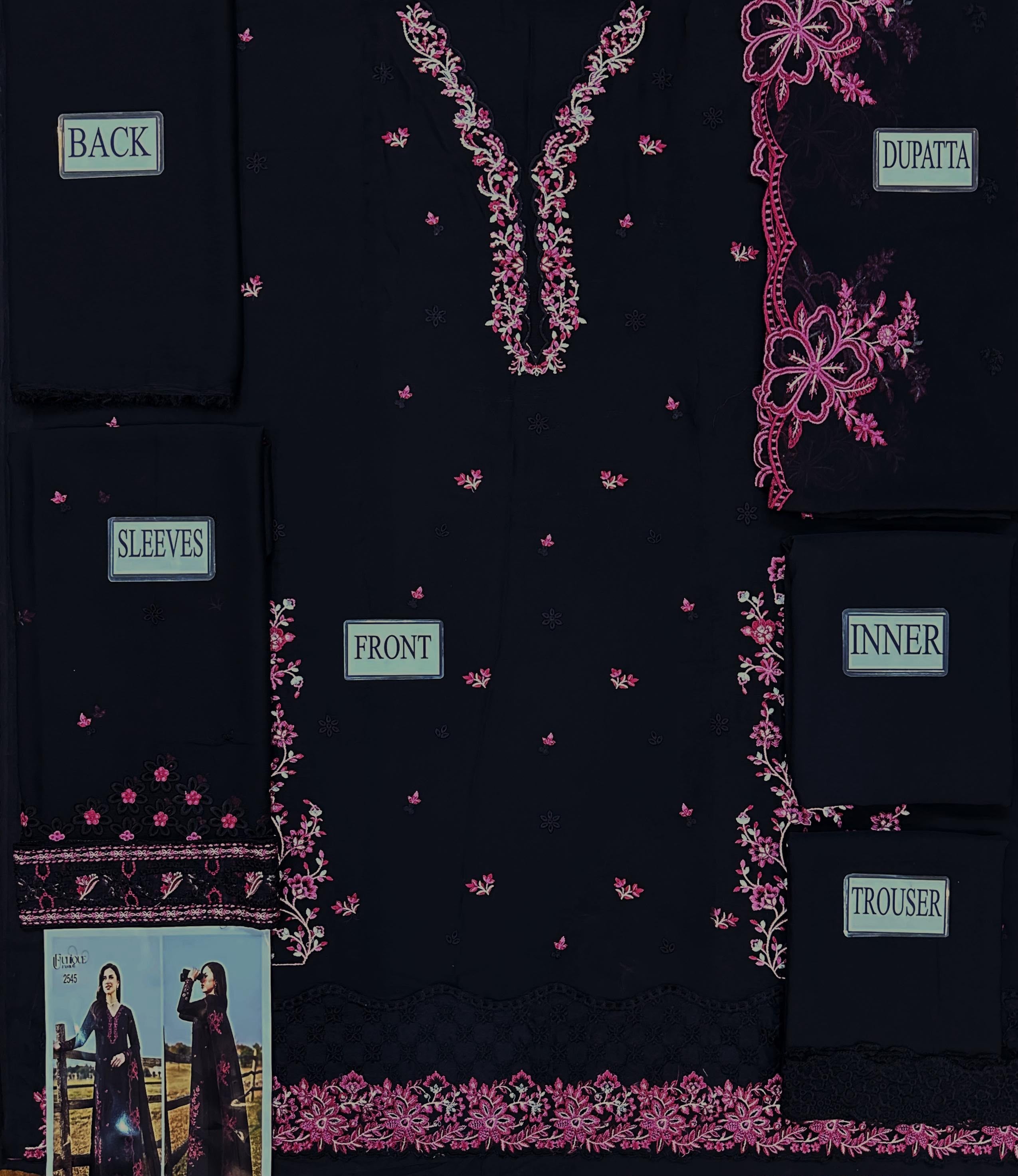 Embroidered Black Chiffon 3-Piece Suit | Organza Border with Malai Crepe Trouser &amp; Inner