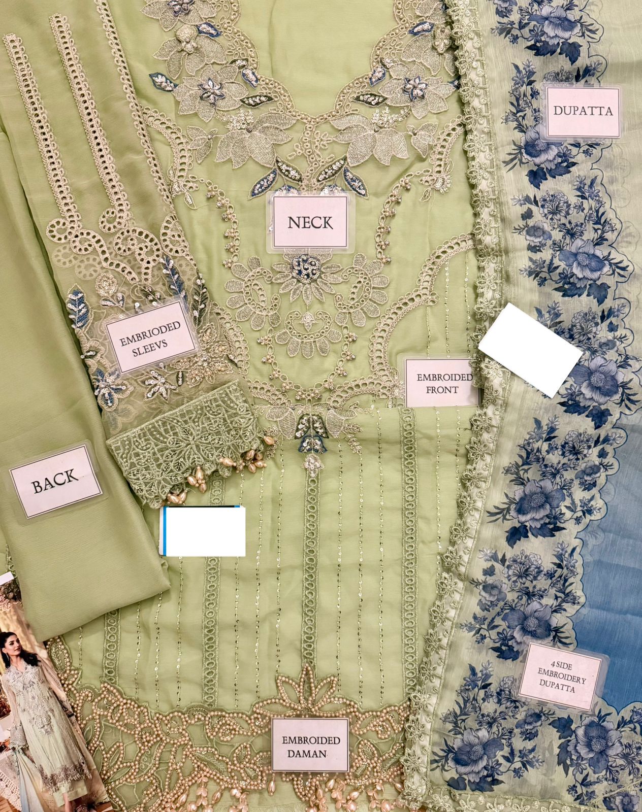 Mint Green Embroidered Chiffon Suit with Digital Printed Dupatta |RTW