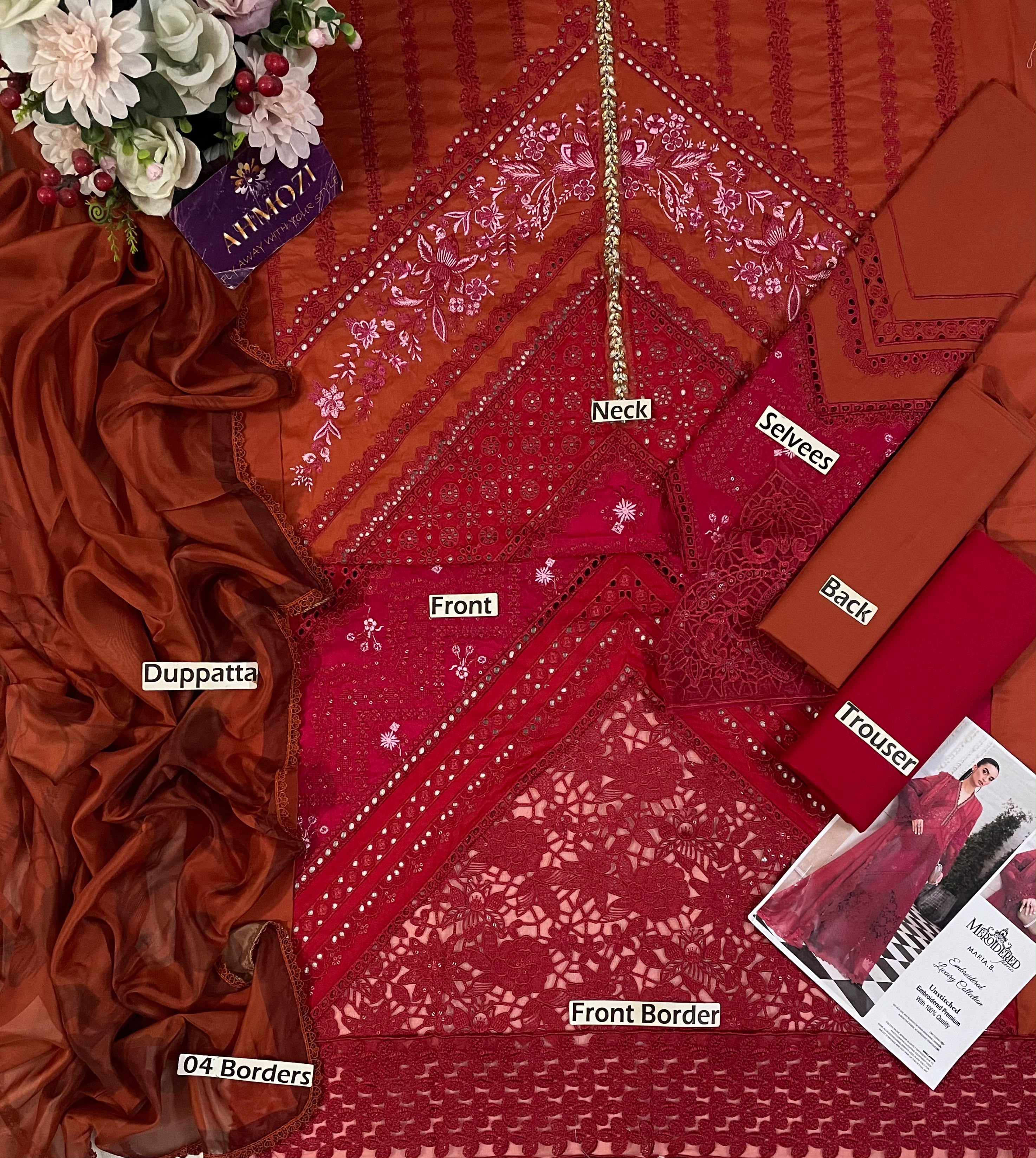 Rust Red Embroidered Chikankari Lawn Suit |Ready to Wear