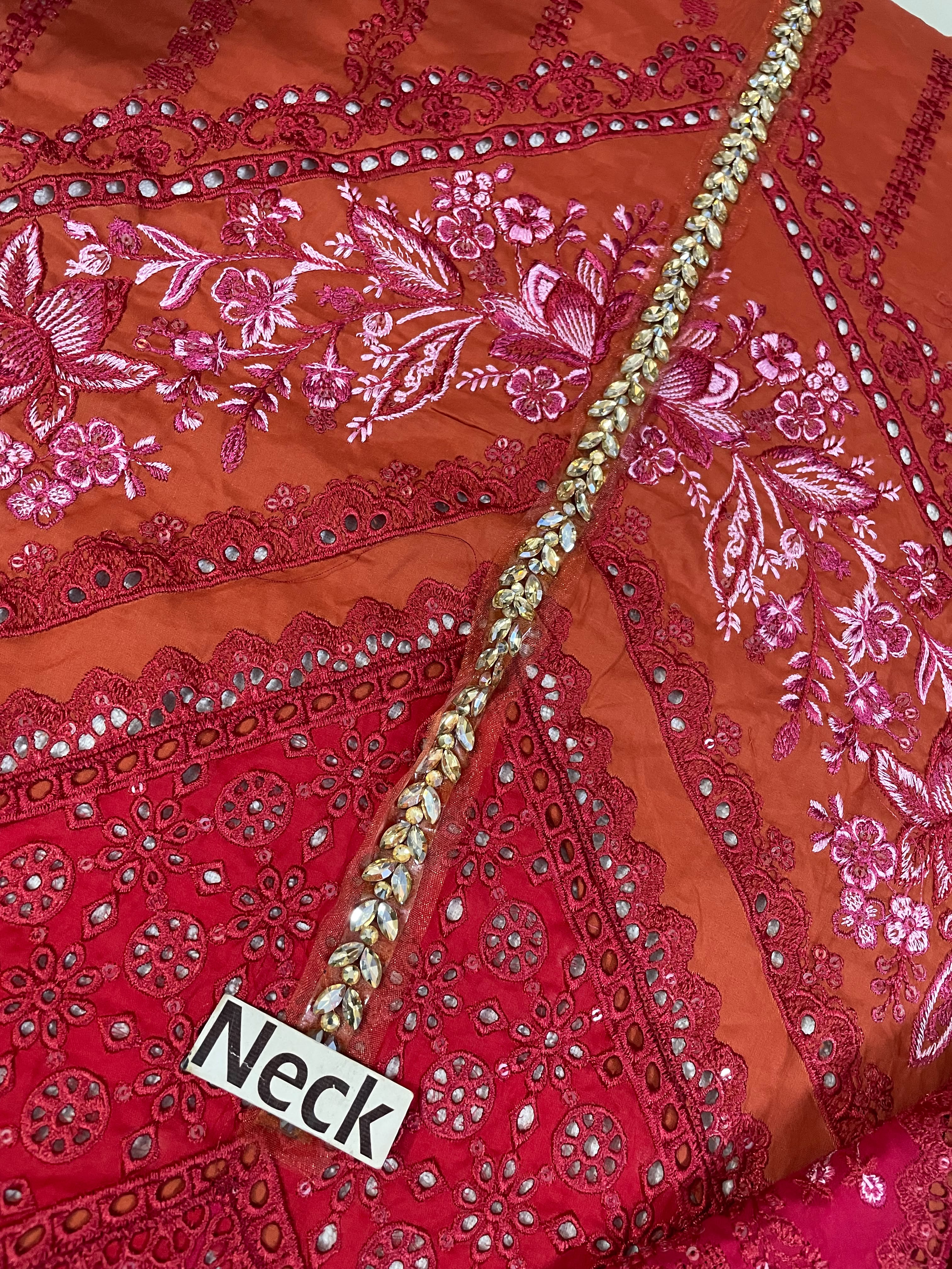 Rust Red Embroidered Chikankari Lawn Suit |Ready to Wear