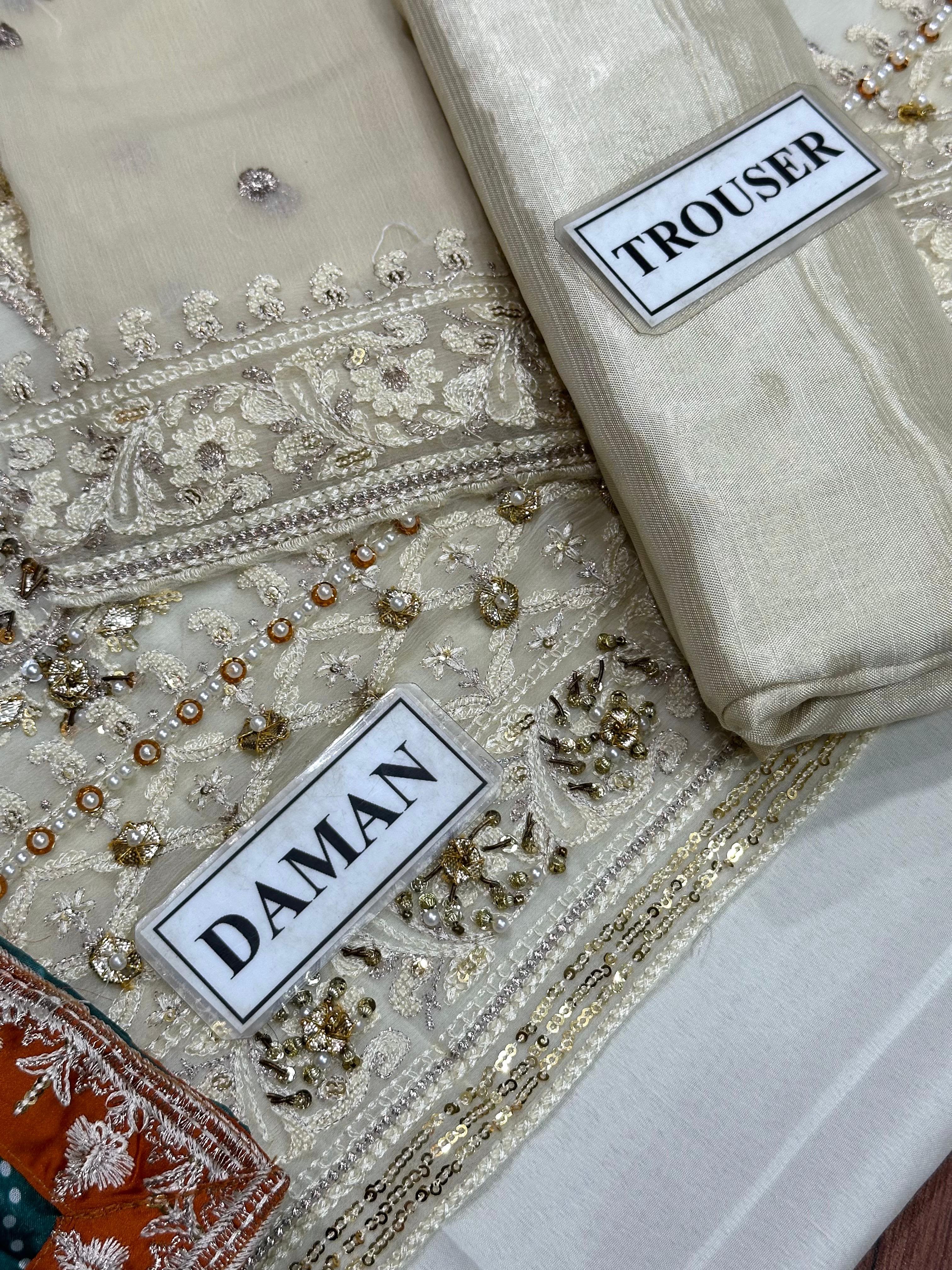 Beige Chiffon stitched with Addawork and Silk Dupatta |RTW