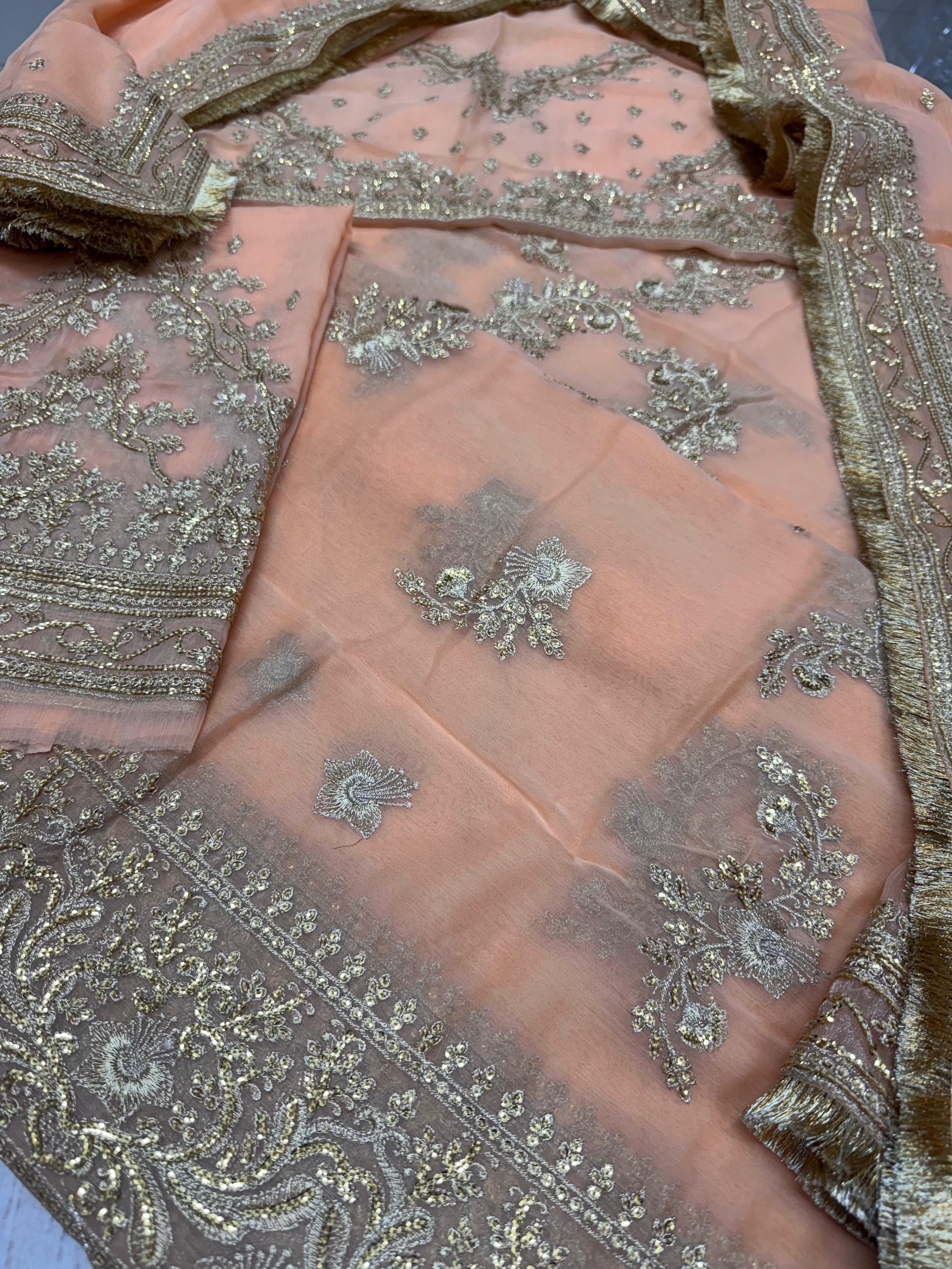 Peach Embroidered Semi Pure Chiffon Lehenga Choli |Ready to Wear