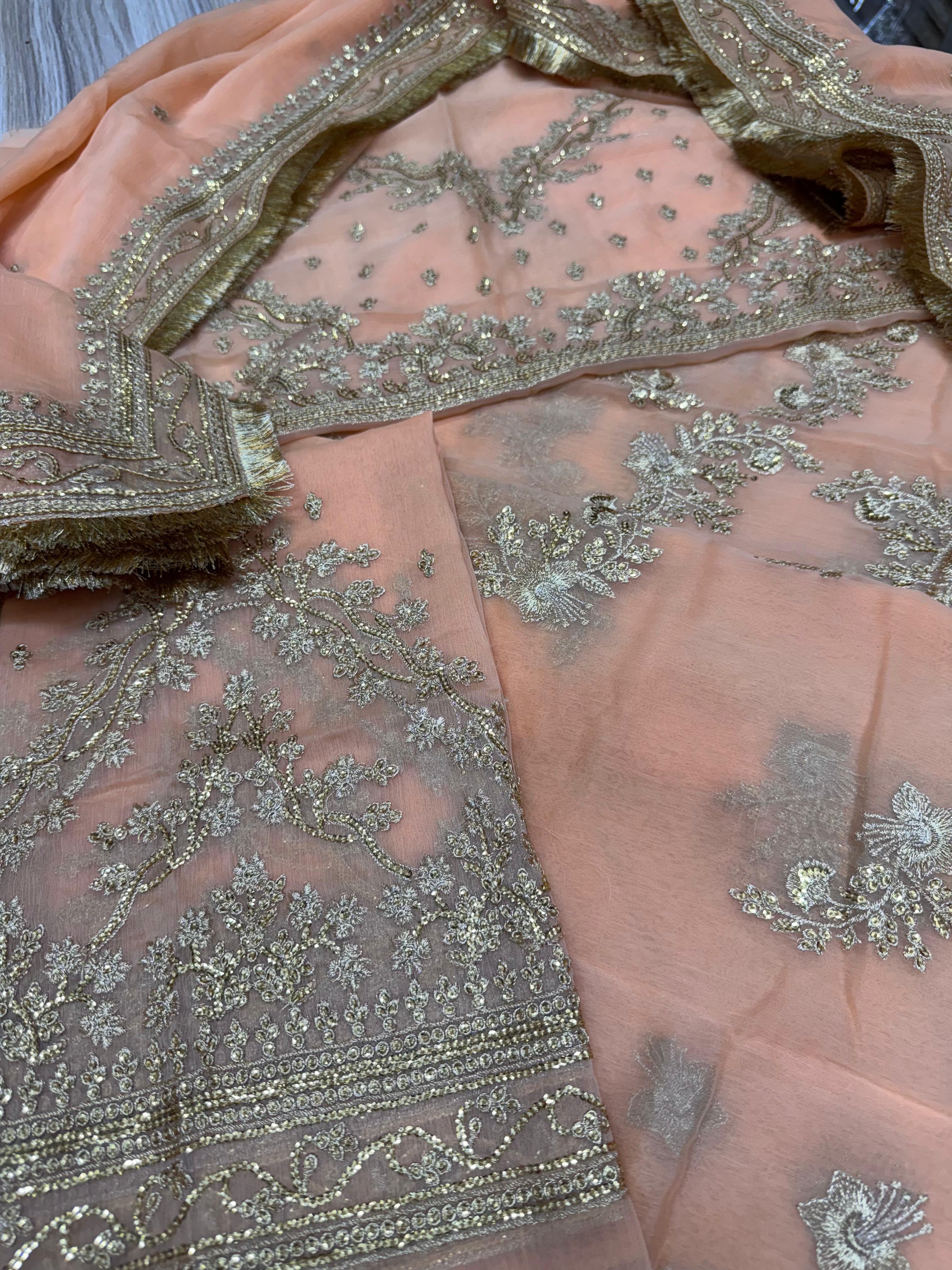 Peach Embroidered Semi Pure Chiffon Lehenga Choli |Ready to Wear