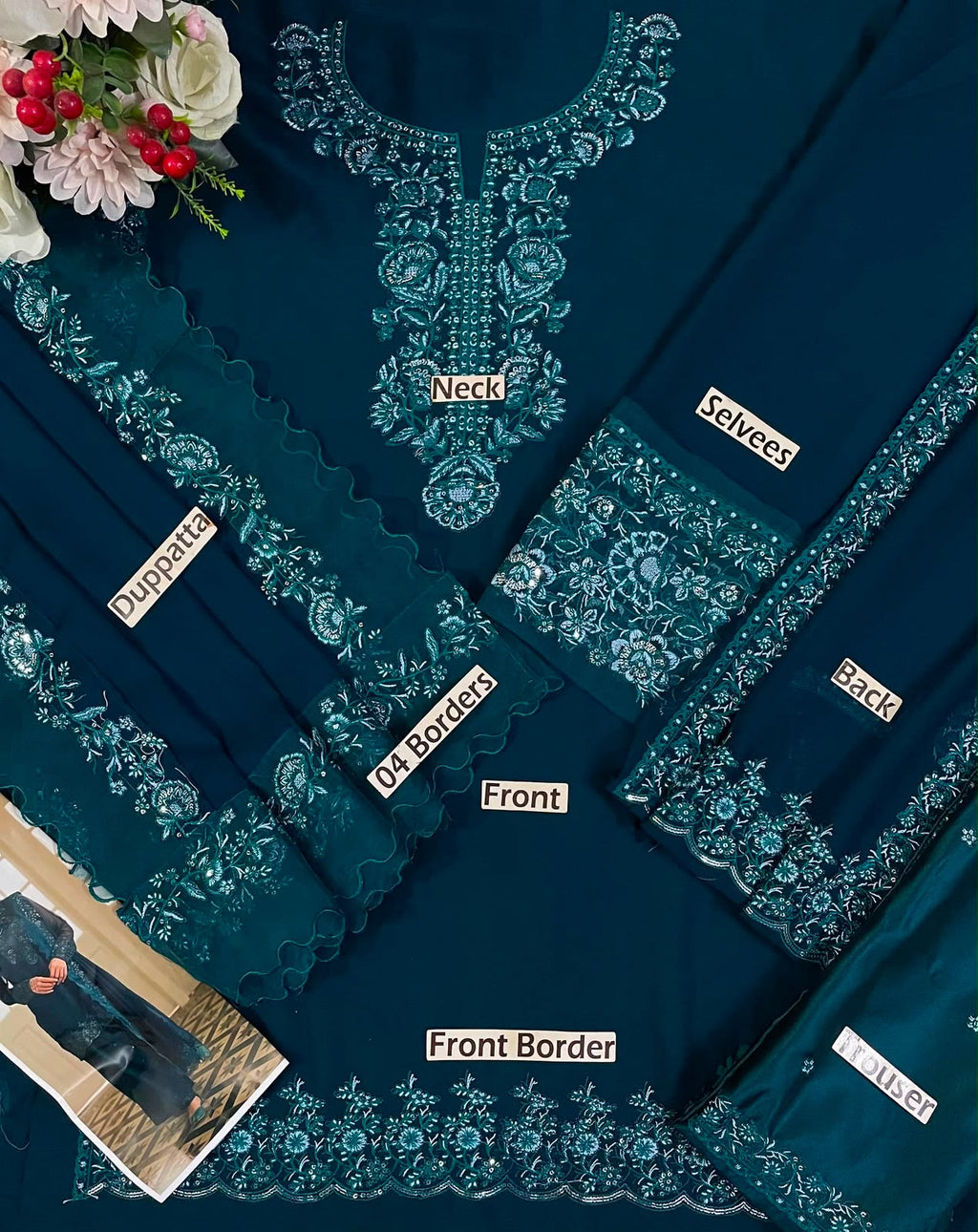 Navy Blue Embroidered Chiffon Short Shirt Suit | Ready to Wear