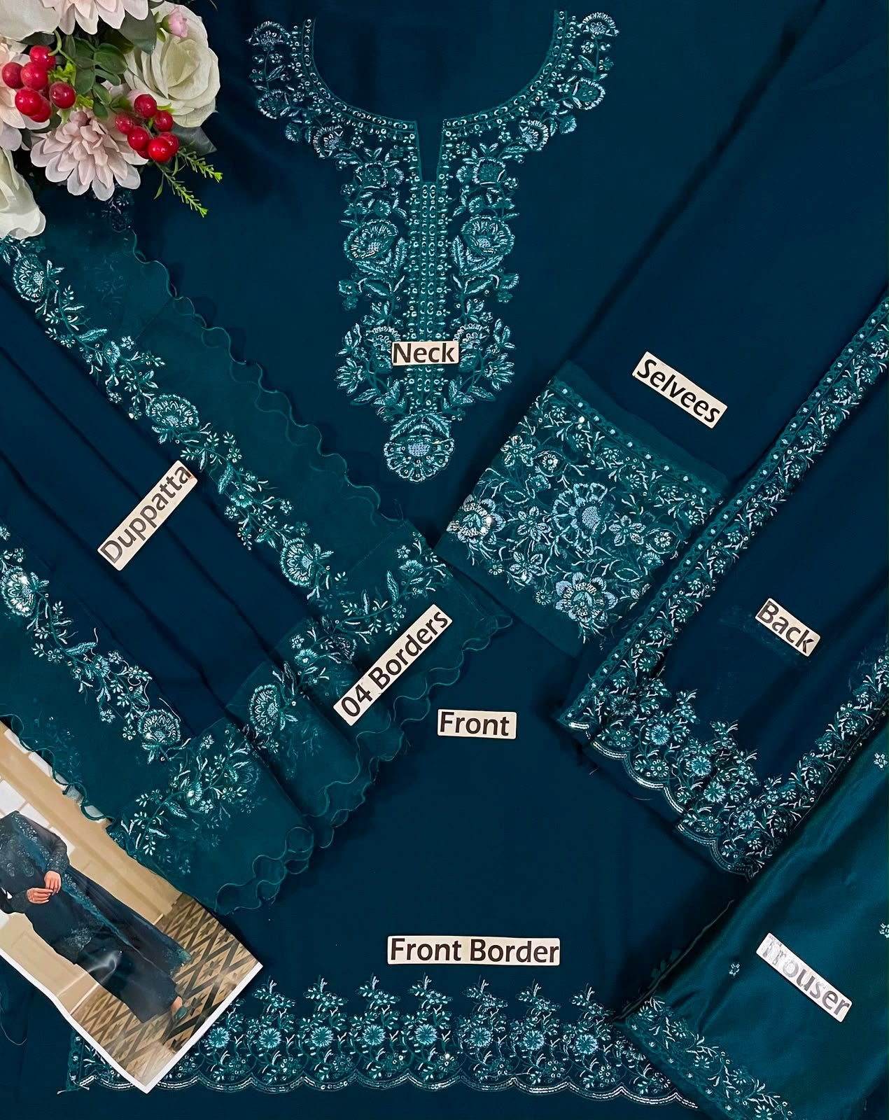Navy Blue Embroidered Chiffon Short Shirt Suit | Ready to Wear