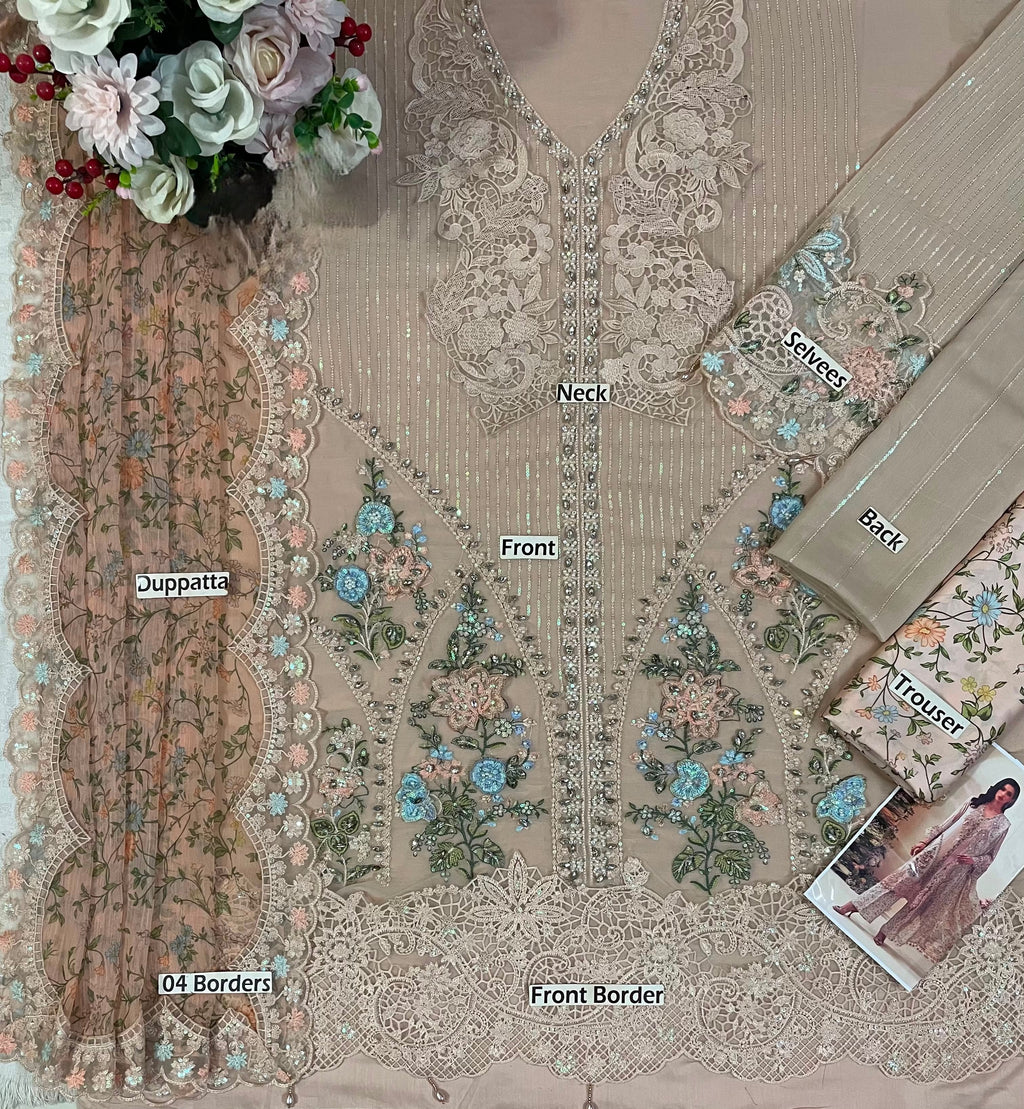 Champagne Embroidered Chiffon Suit with Adda Work | Ready to Wear