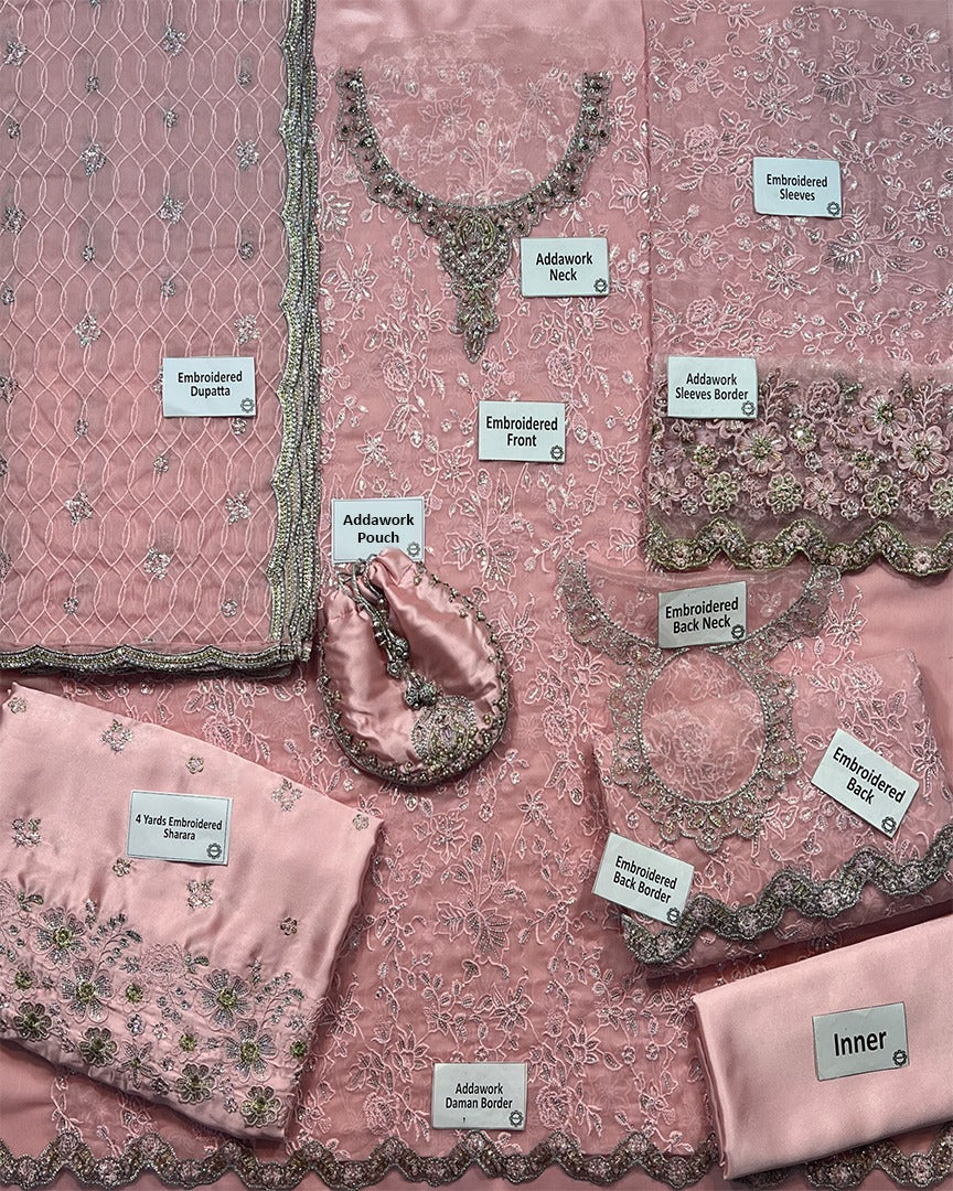 Pink Chiffon Gharara Set with Potli Pouch |Ready to Wear