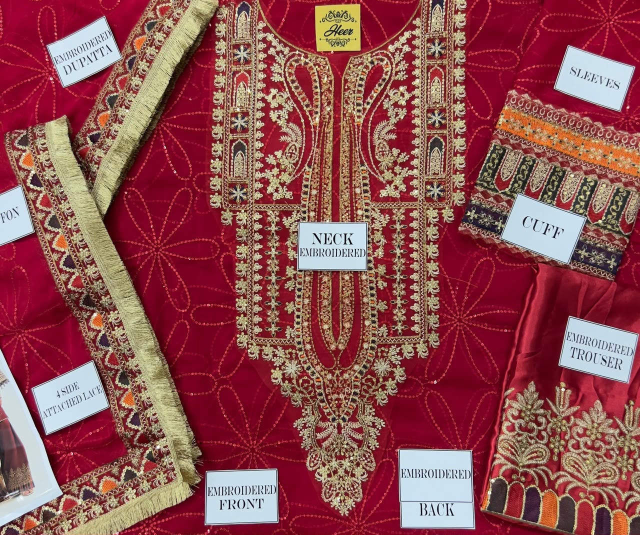 Red Sequined Chiffon Suit |Ready to Wear