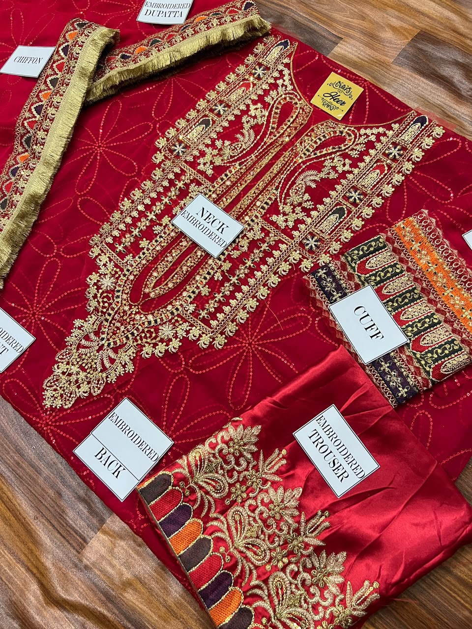Red Sequined Chiffon Suit |Ready to Wear