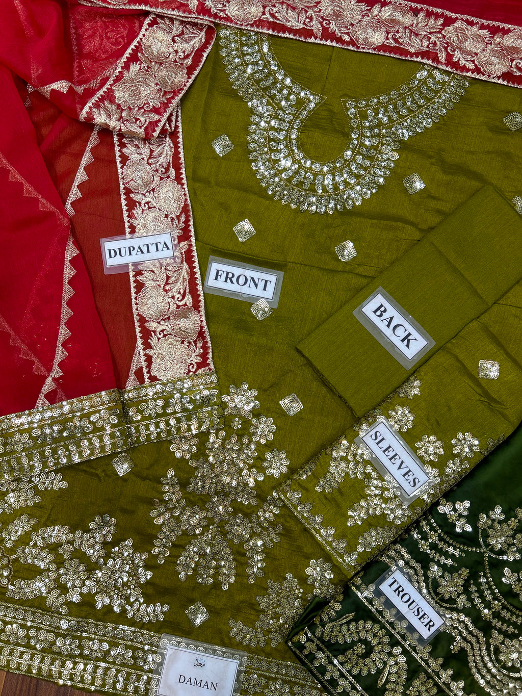 Olive Green Pure Indian Chiffon Farshi Shalwar Suit | Ready to Wear