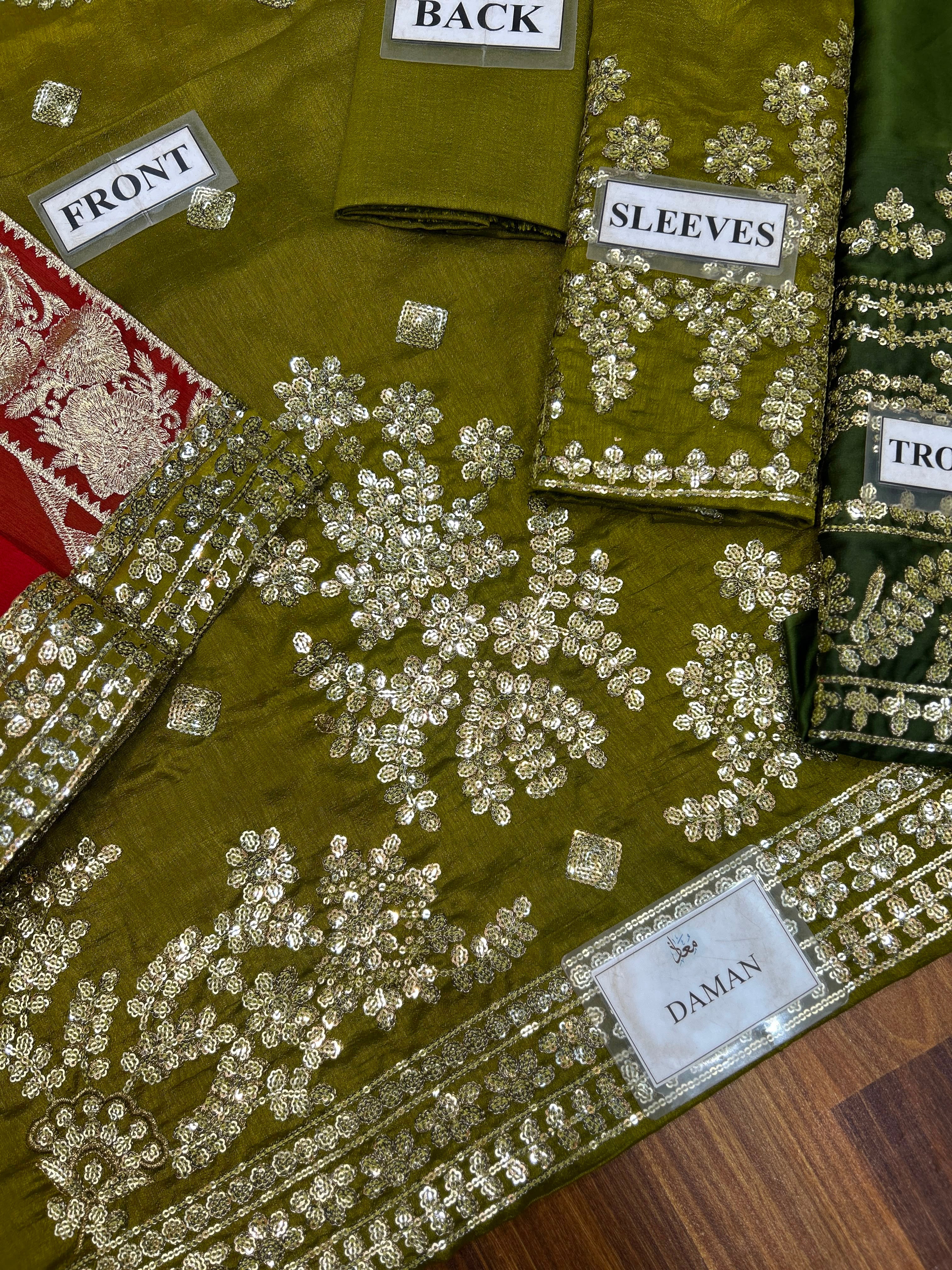 Olive Green Pure Indian Chiffon Farshi Shalwar Suit | Ready to Wear