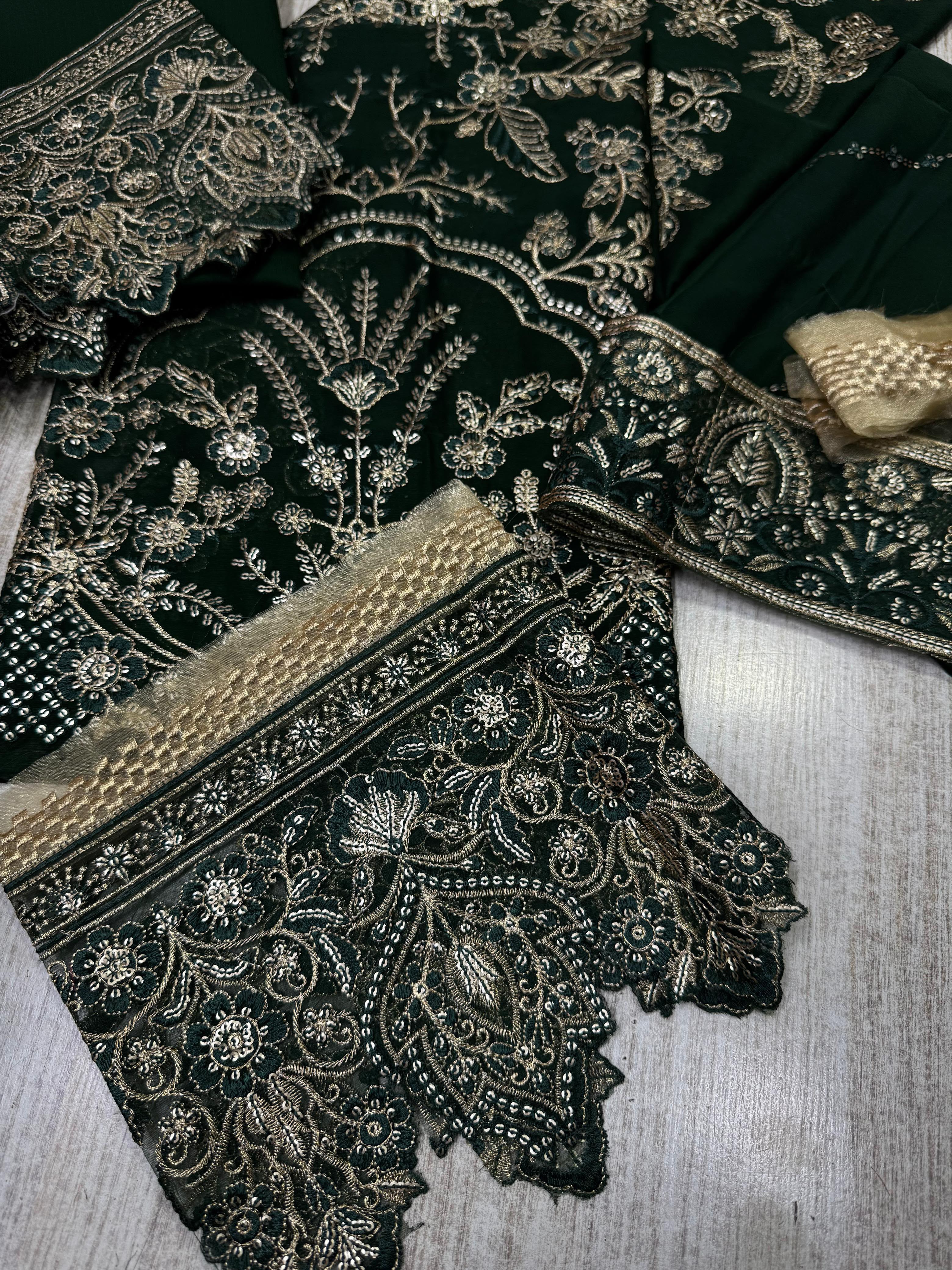 Dark Green Sequence Embroidered Semi Pure Chiffon Suit | Ready to Wear