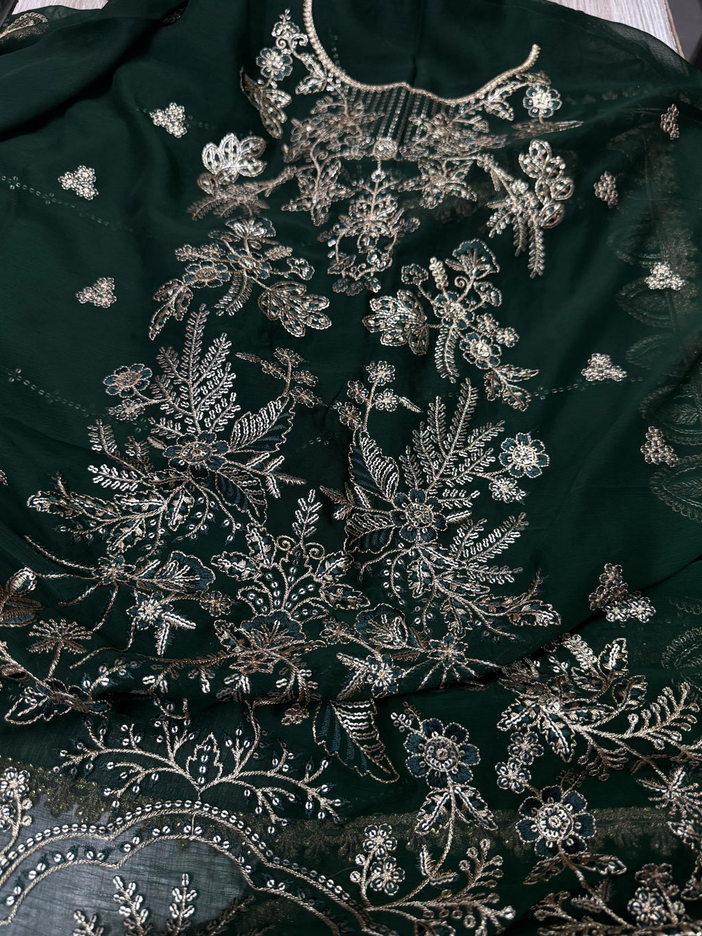 Dark Green Sequence Embroidered Semi Pure Chiffon Suit | Ready to Wear