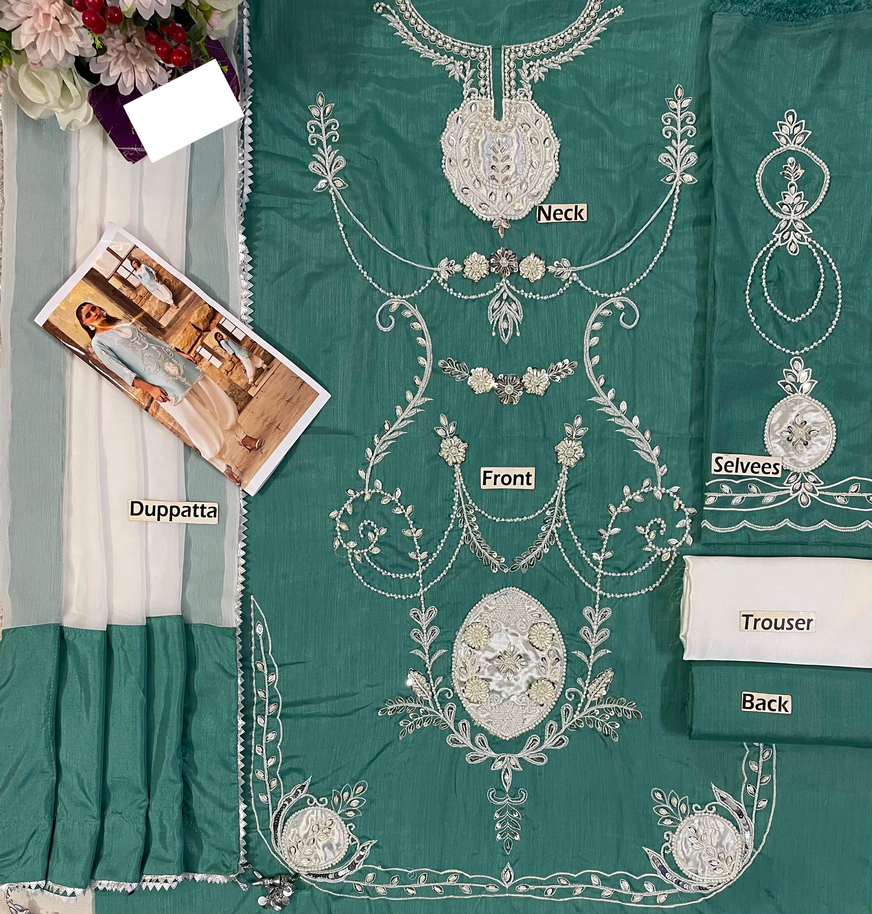 Celeste Azure Raw Silk Addawork Festive Suit | RTW