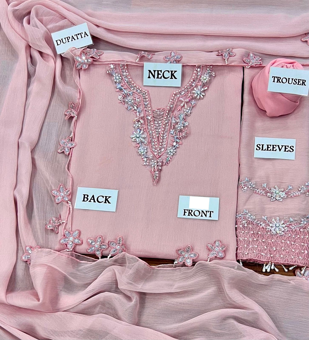 Blushing Rose Hand-Embellished Chiffon Festive Suit | RTW