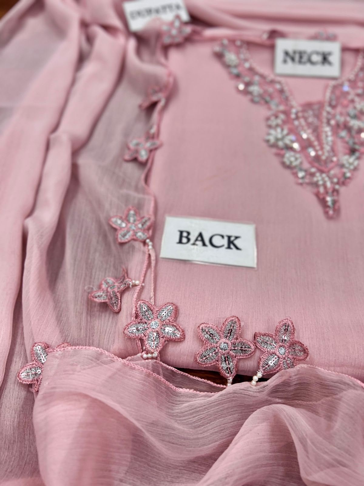 Blushing Rose Hand-Embellished Chiffon Festive Suit | RTW