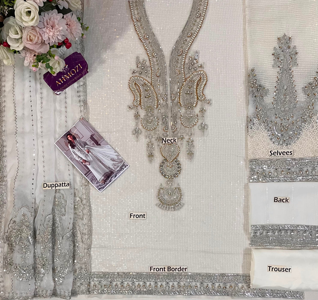 Ivory Sequence Embroidered Chiffon Adda Work Festive Suit | RTW
