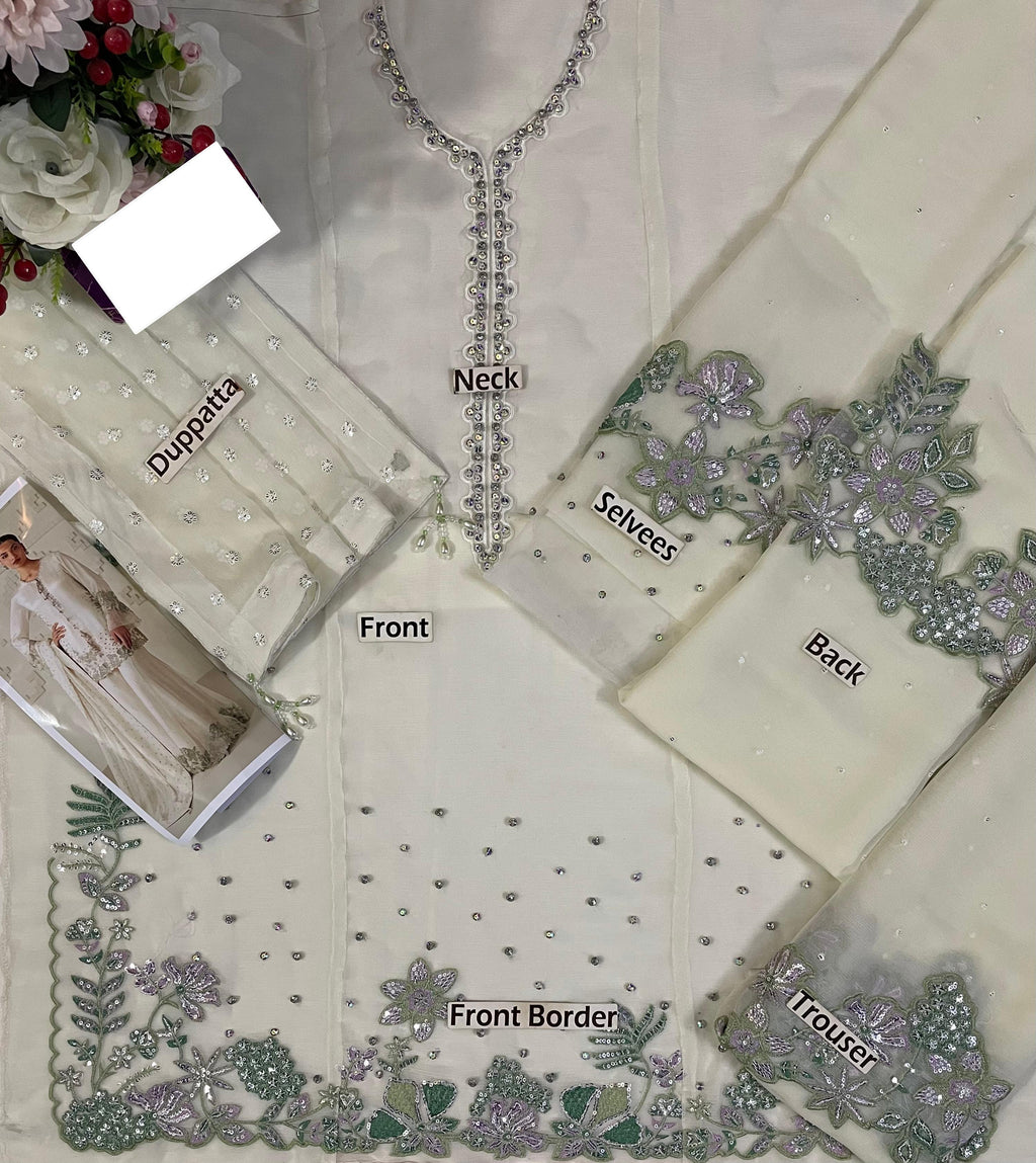 Ivory Bamber Chiffon Ready to Wear Embroidered Festive Suit