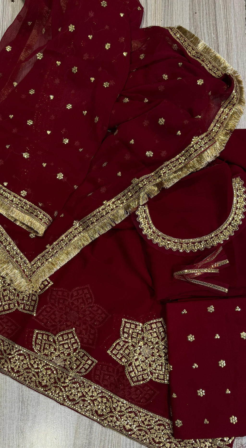Maroon Semi Pure Chiffon Ready to Wear Sequence Embroidered Lehenga Suit
