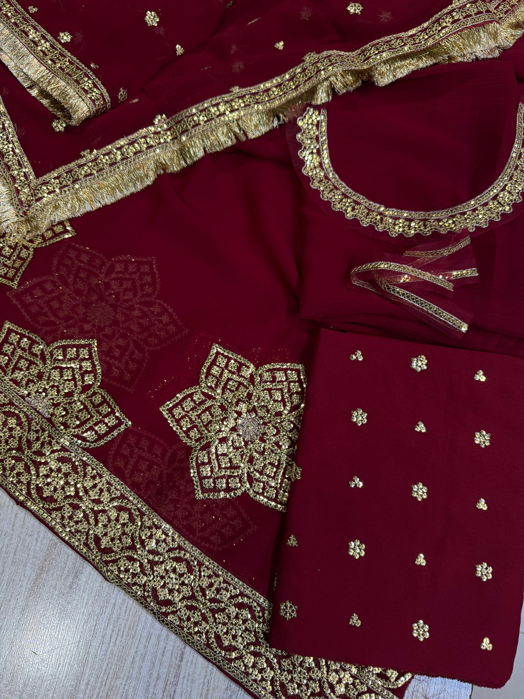 Maroon Semi Pure Chiffon Ready to Wear Sequence Embroidered Lehenga Suit