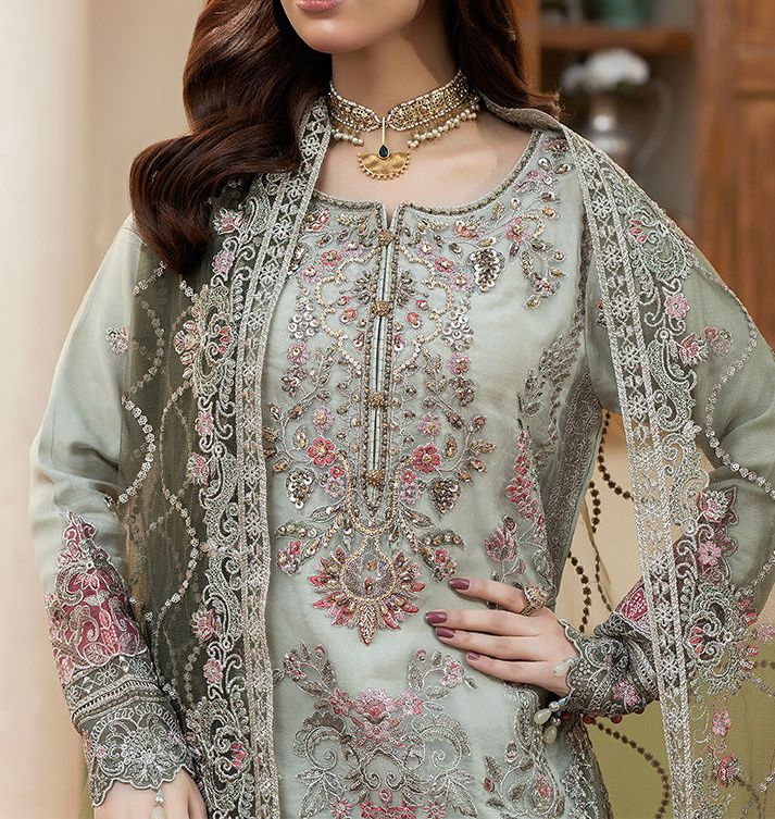 Soft Pastel Green-Grey Organza Ready to Wear Embroidered Festive Suit