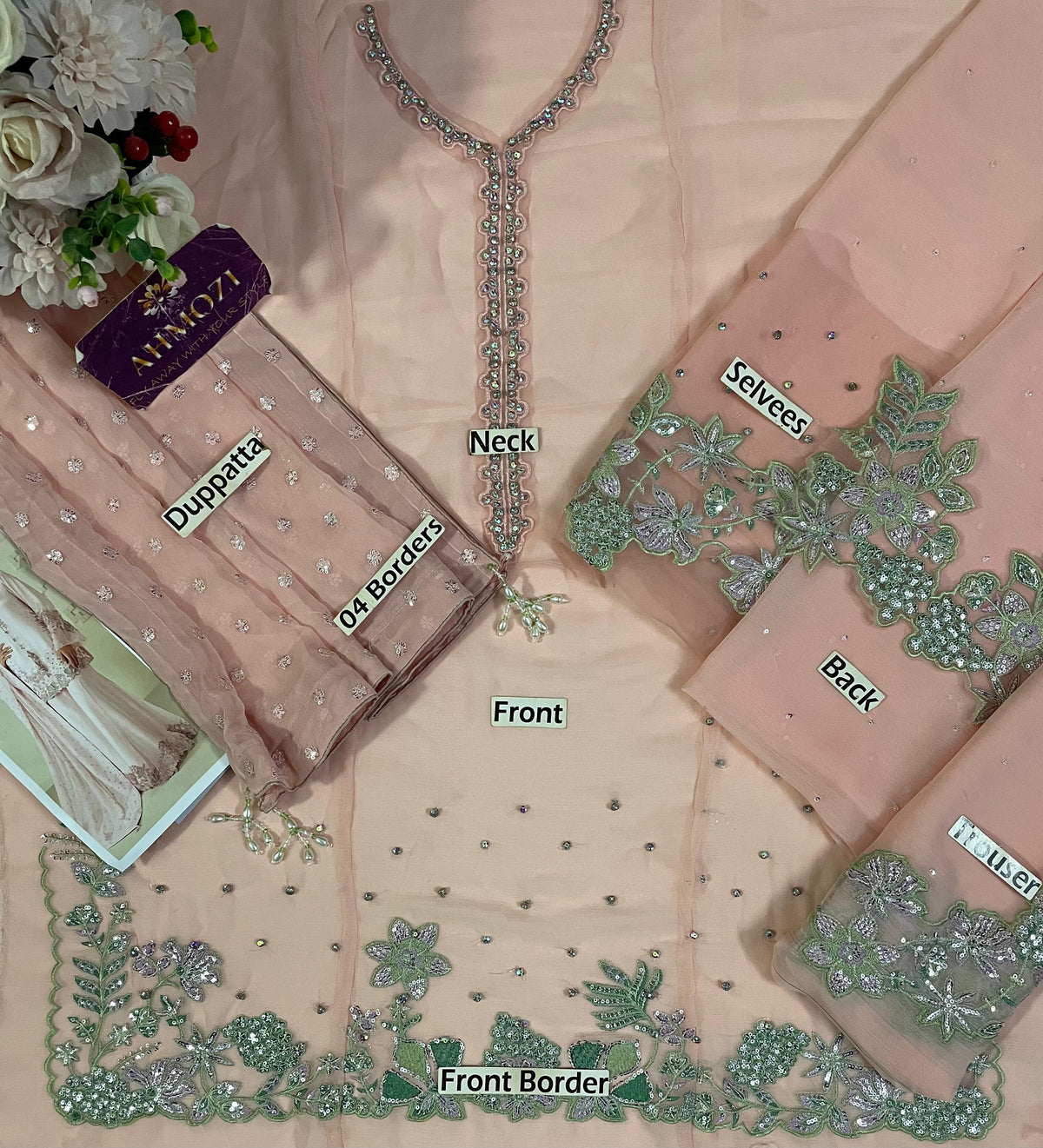 Blushing Pink Bamber Chiffon Ready to Wear Embroidered Festive Suit