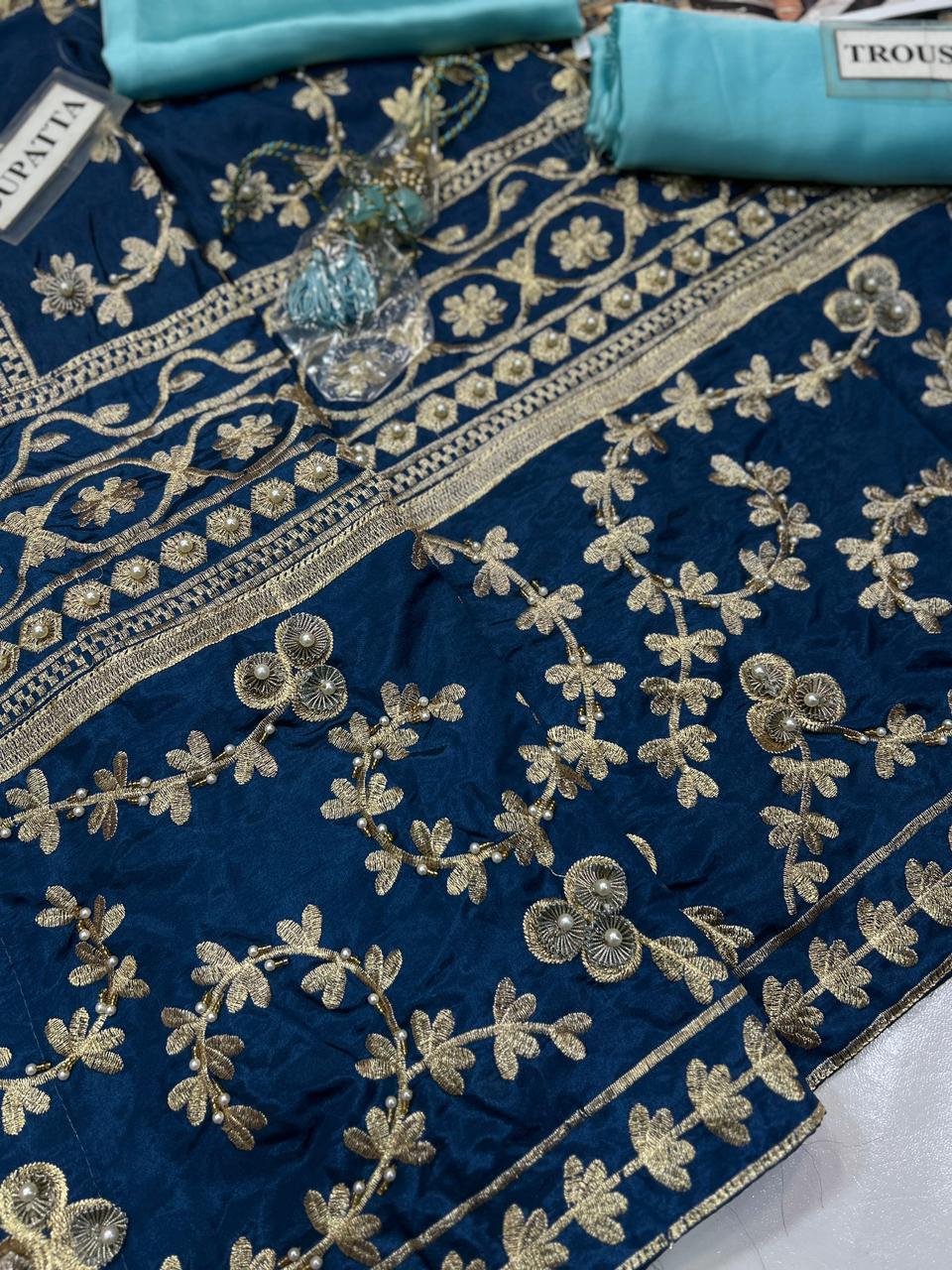 Teal Blue Plain Silk Ready to Wear Russian Silk Shawl Suit