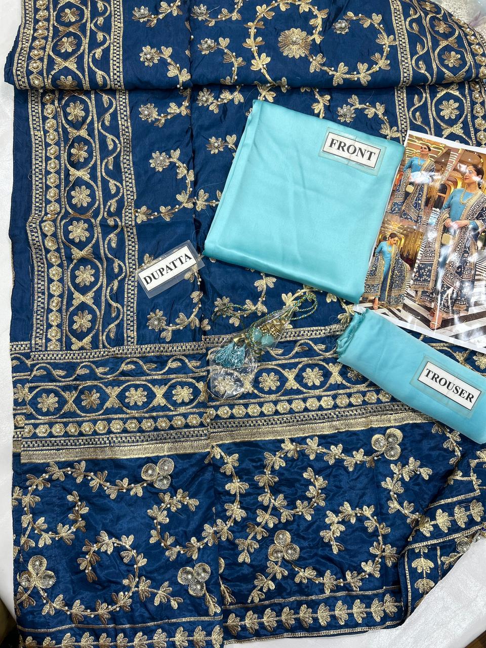 Teal Blue Plain Silk Ready to Wear Russian Silk Shawl Suit