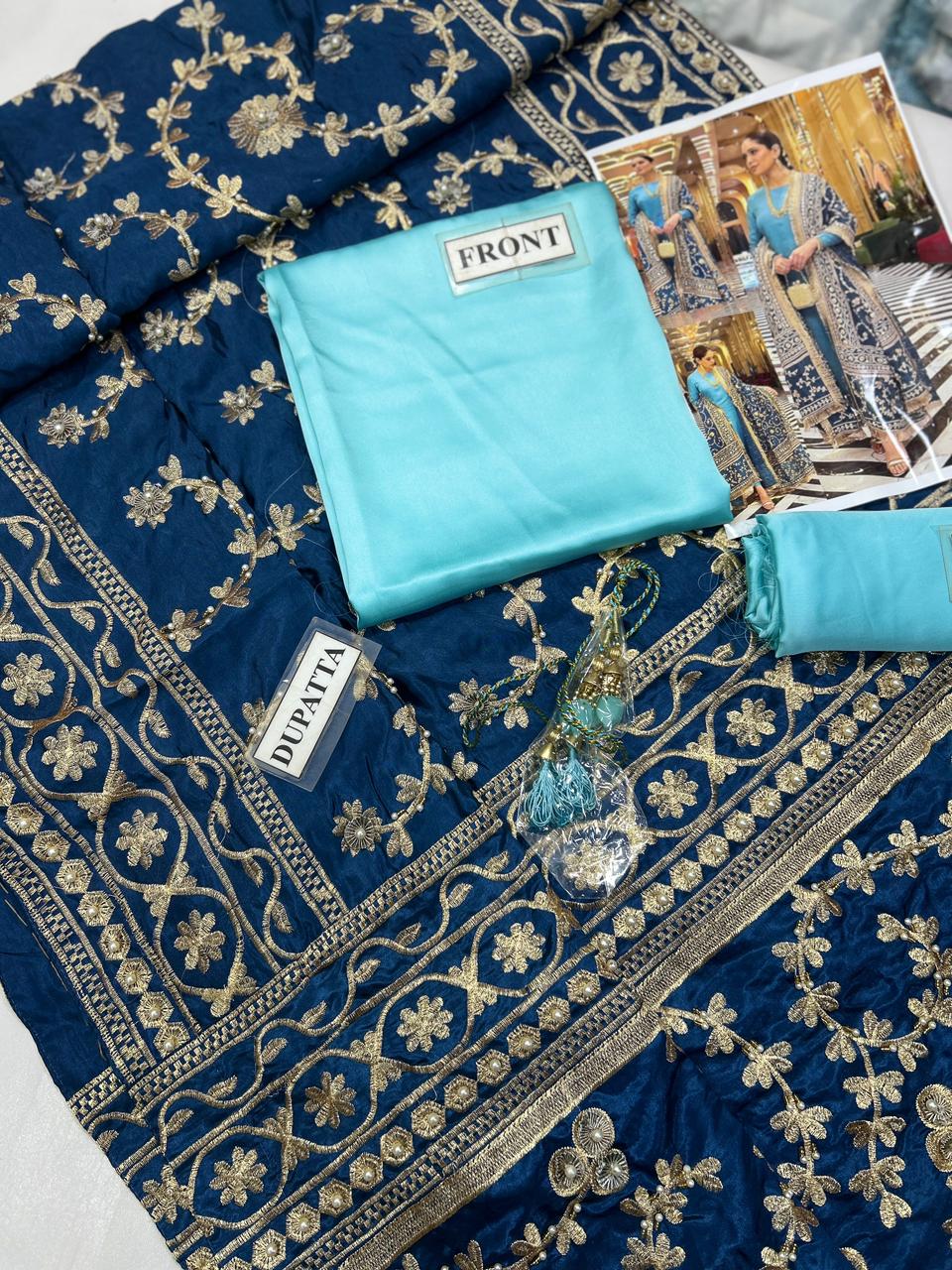 Teal Blue Plain Silk Ready to Wear Russian Silk Shawl Suit