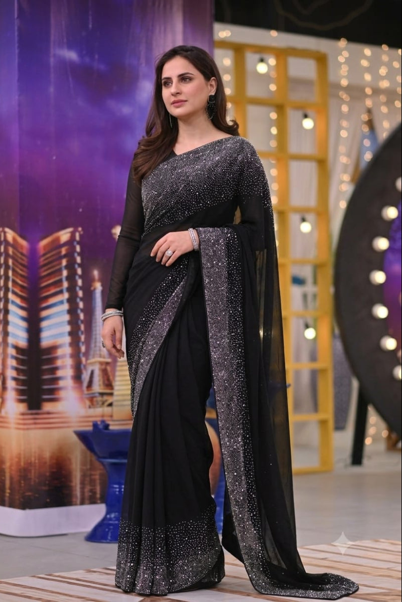 Black Chiffon Ready to Wear Handwork Saree Suit