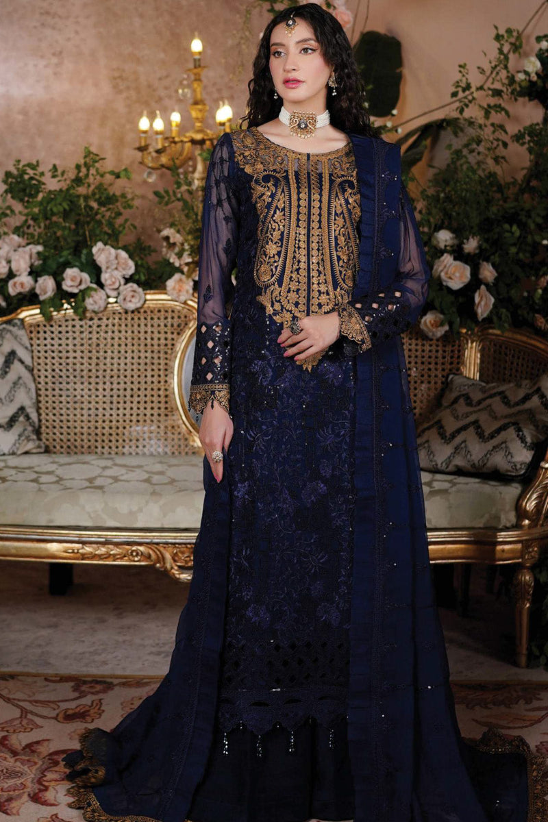 Navy Blue Embroidered Chiffon Suit with Gold Neckline | Ready to Wear