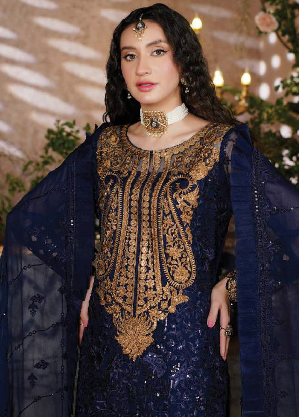 Navy Blue Embroidered Chiffon Suit with Gold Neckline | Ready to Wear