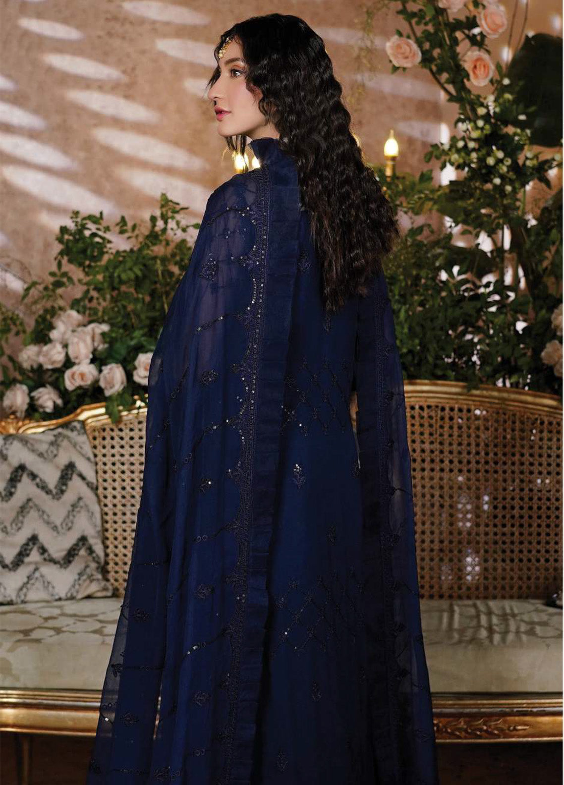 Navy Blue Embroidered Chiffon Suit with Gold Neckline | Ready to Wear