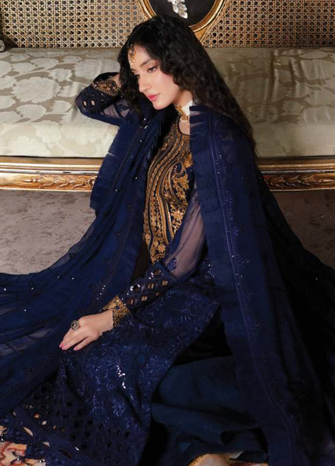 Navy Blue Embroidered Chiffon Suit with Gold Neckline | Ready to Wear