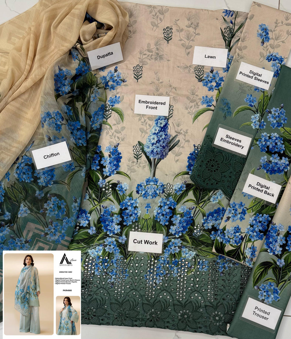 Ice Blue Floral Printed Chikankari Lawn Suit with Bamber Dupatta | RTW