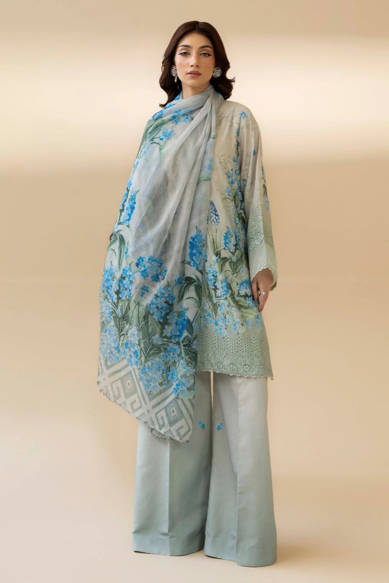 Ice Blue Floral Printed Chikankari Lawn Suit with Bamber Dupatta | RTW