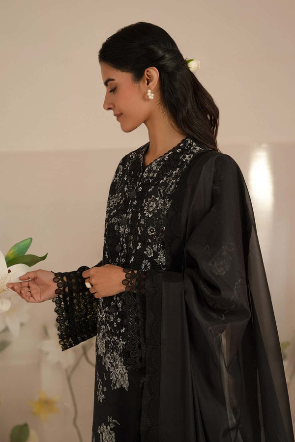 Digital Printed Black Lawn 3-Piece Suit | Heavy Schiffli &amp; Spangle Embroidery with Printed Chiffon Dupatta