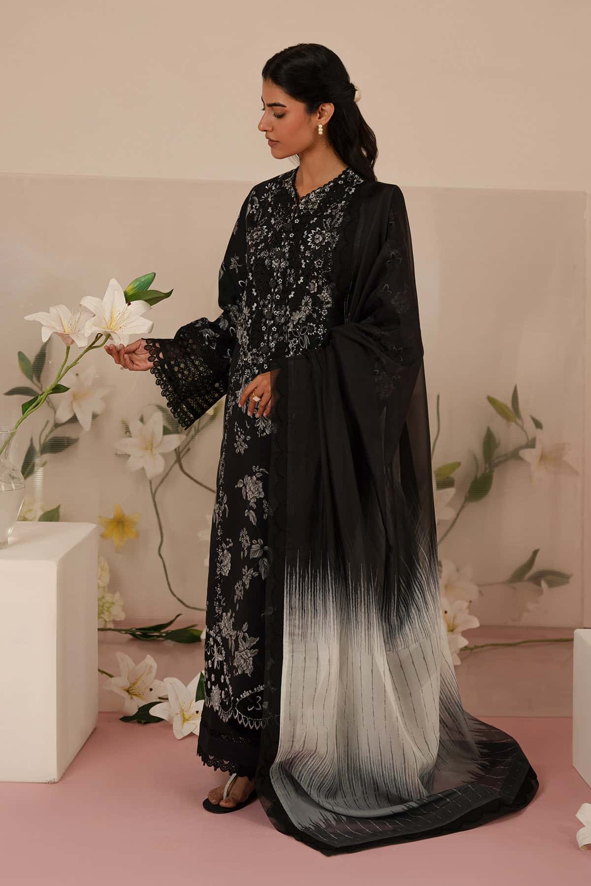 Digital Printed Black Lawn 3-Piece Suit | Heavy Schiffli &amp; Spangle Embroidery with Printed Chiffon Dupatta